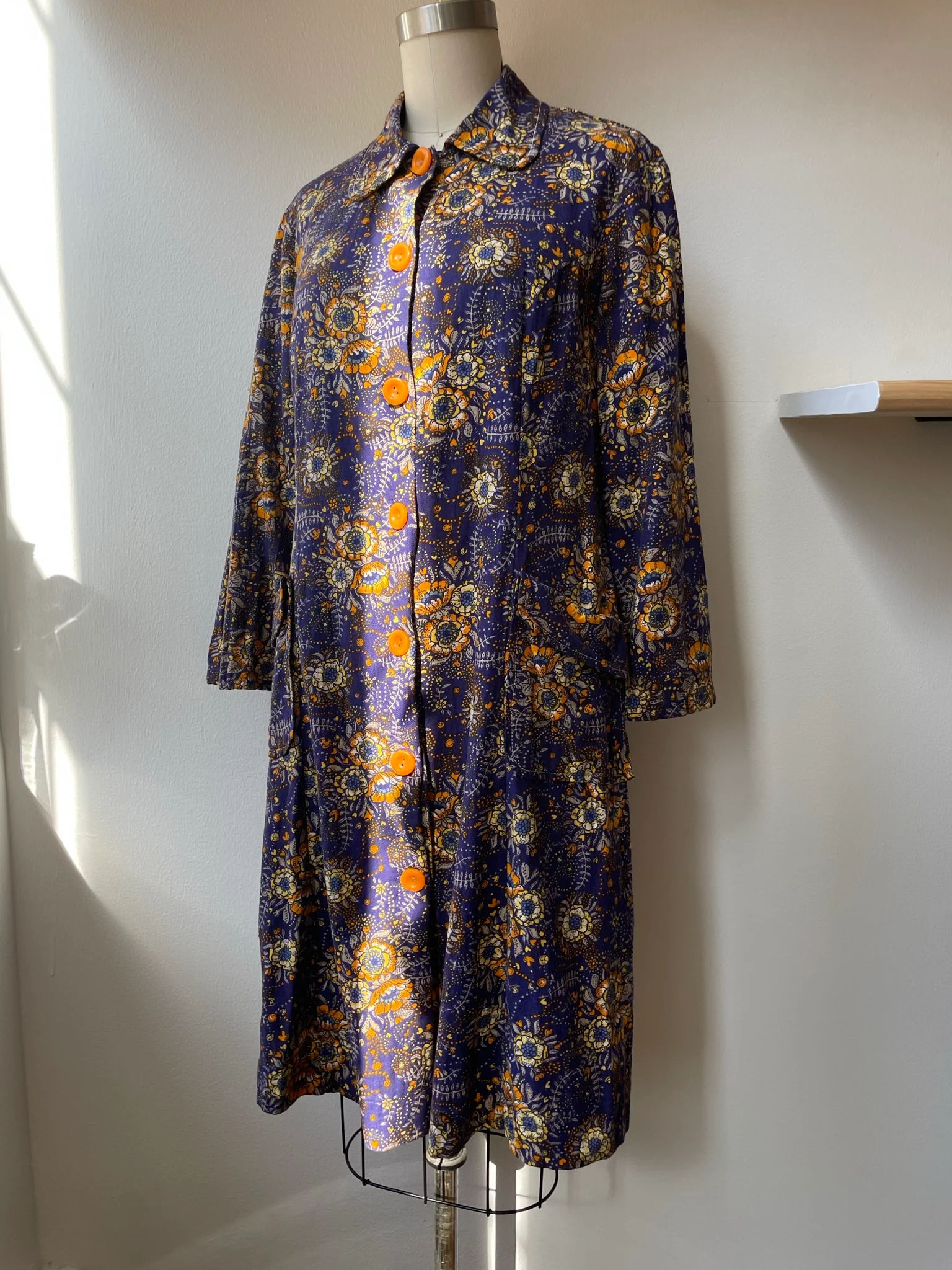 60s Floral Printed Cotton Coat Dress - Image 12