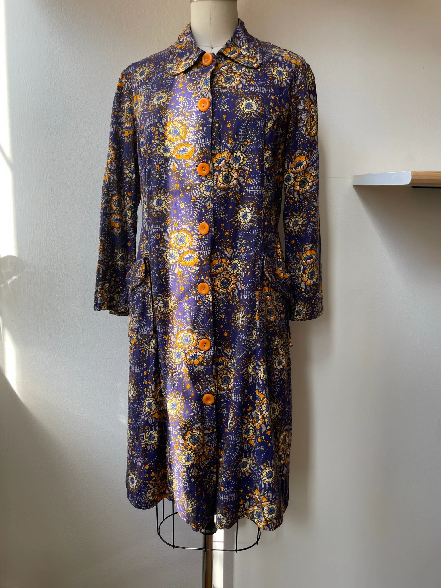60s Floral Printed Cotton Coat Dress - Image 3