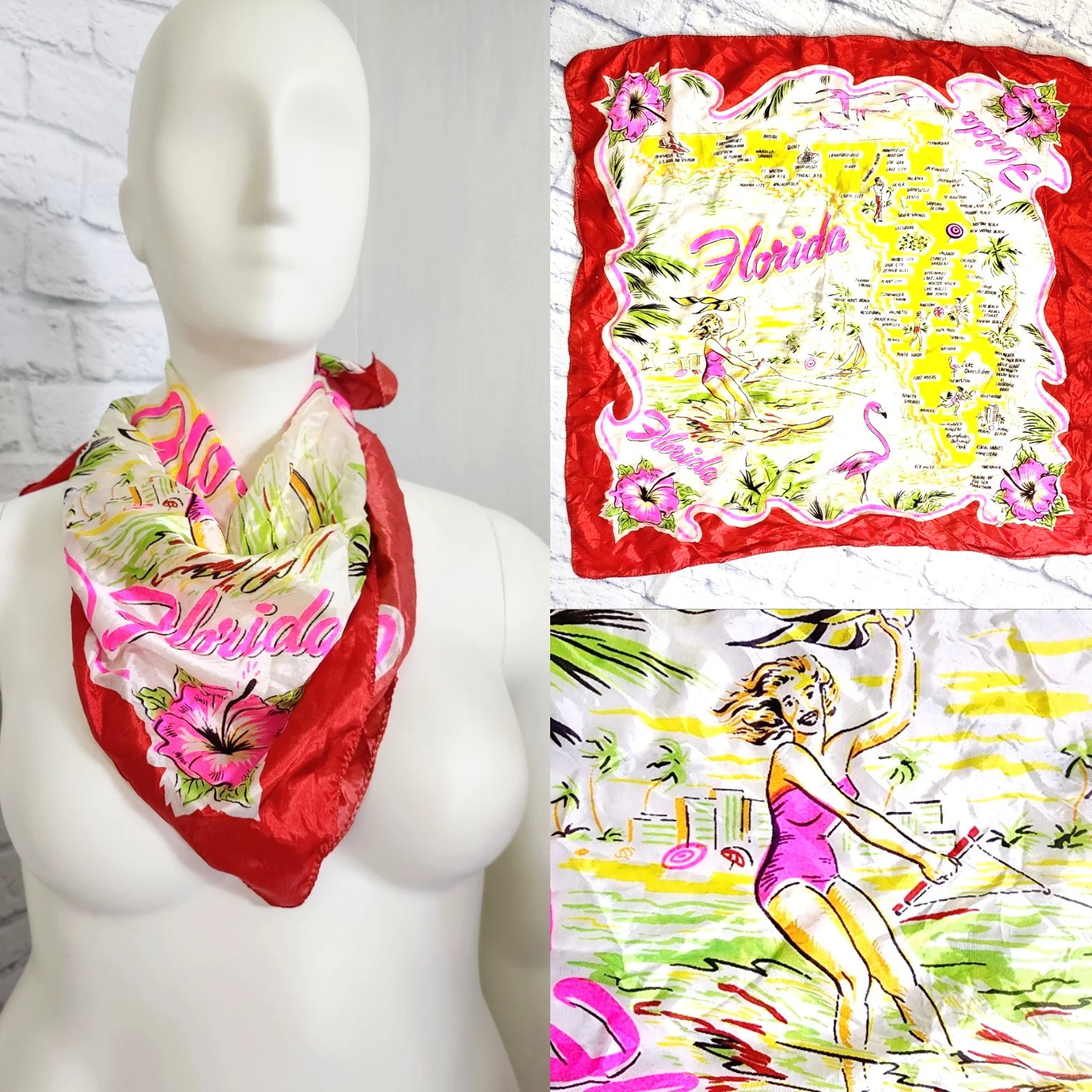 60s Florida Theme Square Scarf Pinup Detail - Image 3