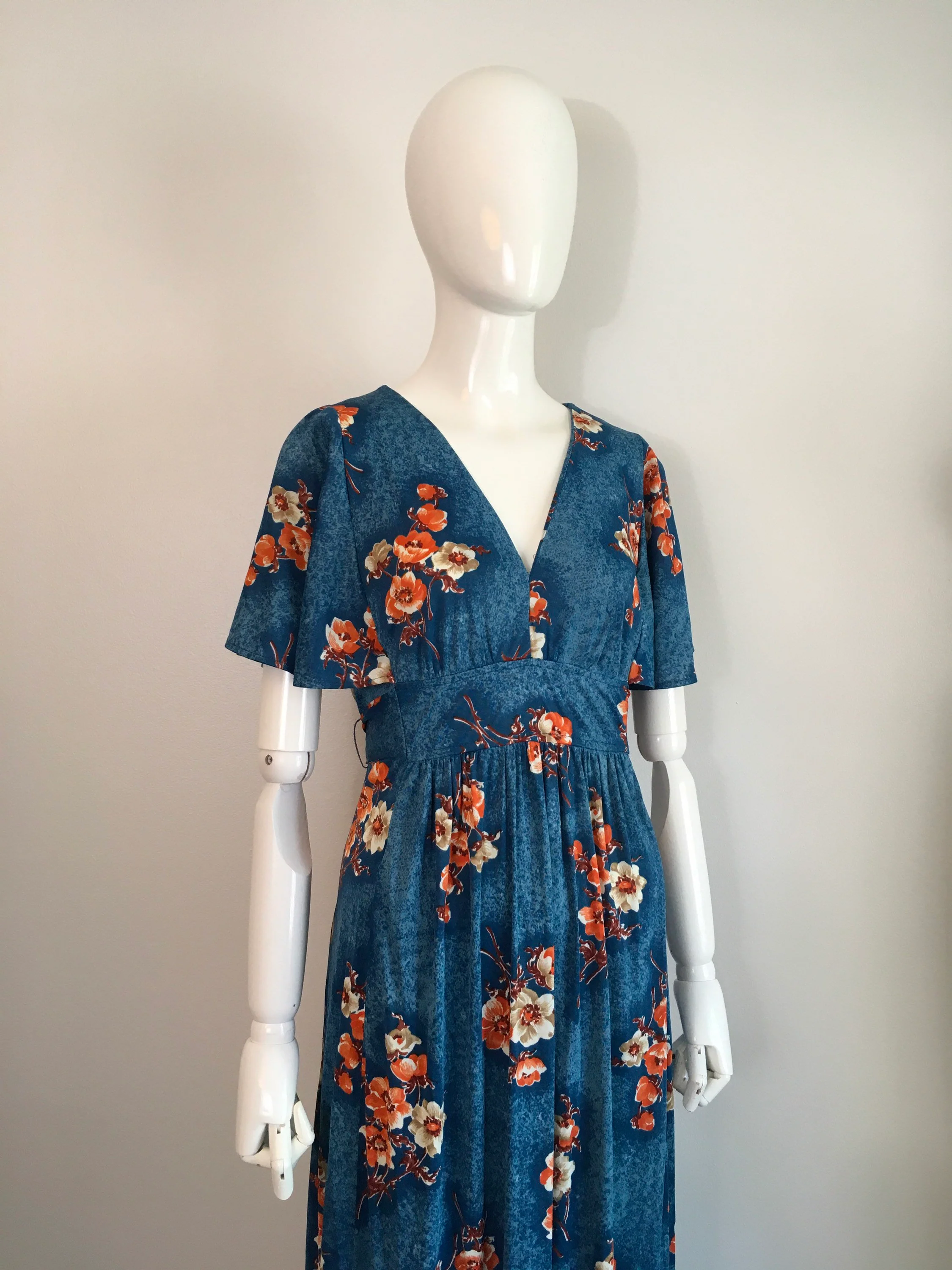 60's Flutter Sleeve Blue Floral Maxi Dress - Image 4