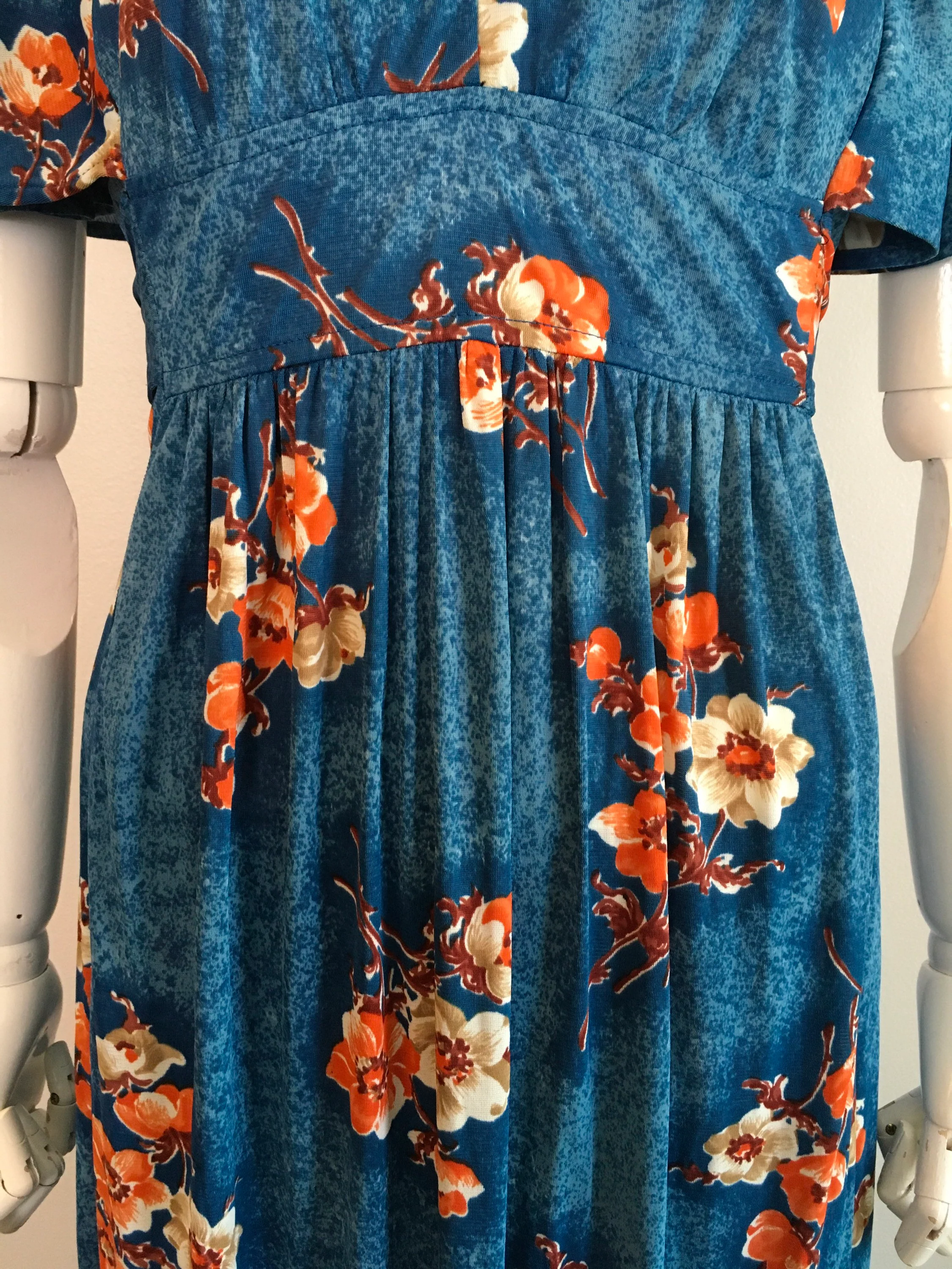60's Flutter Sleeve Blue Floral Maxi Dress - Image 5