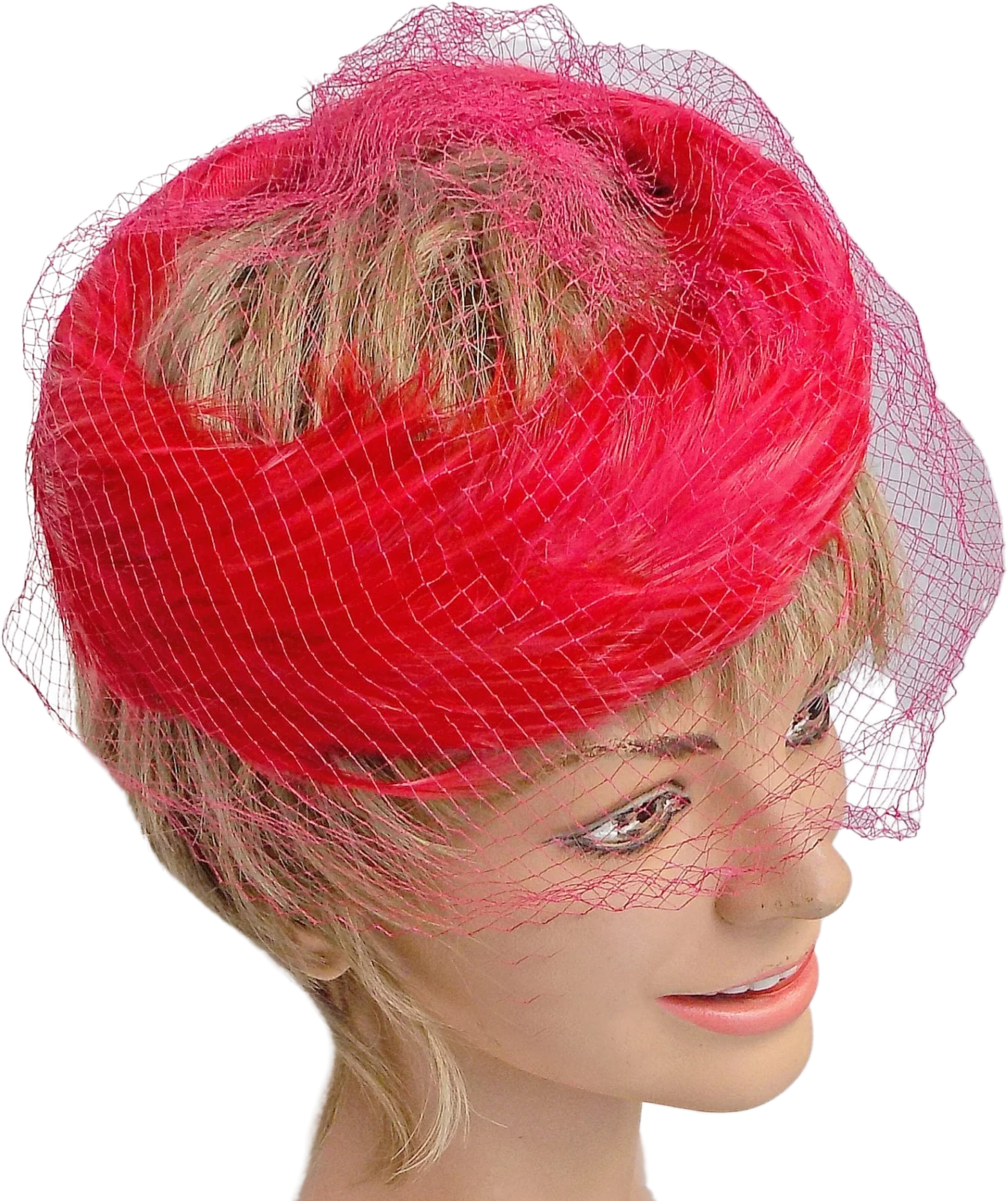 60s Fuchsia Feather Open Pill Box Hat 60s Mod Late 50s Red Netting Mint