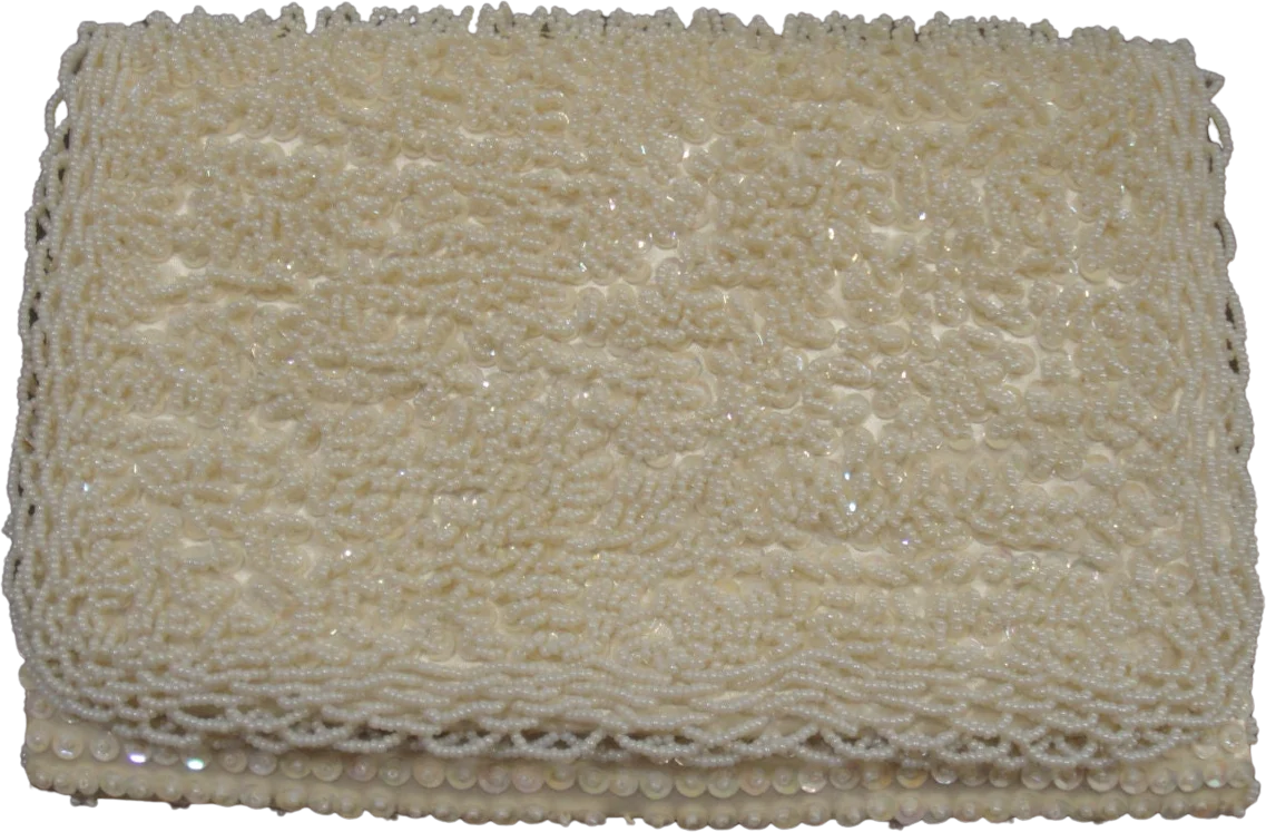 60s Fully Beaded Clutch Bag / Purse Fold Over Style Snap Clasp, 8 by 6 Inches, Event-Ready Bag, Hand Made Hong Kong, White Evening Purse