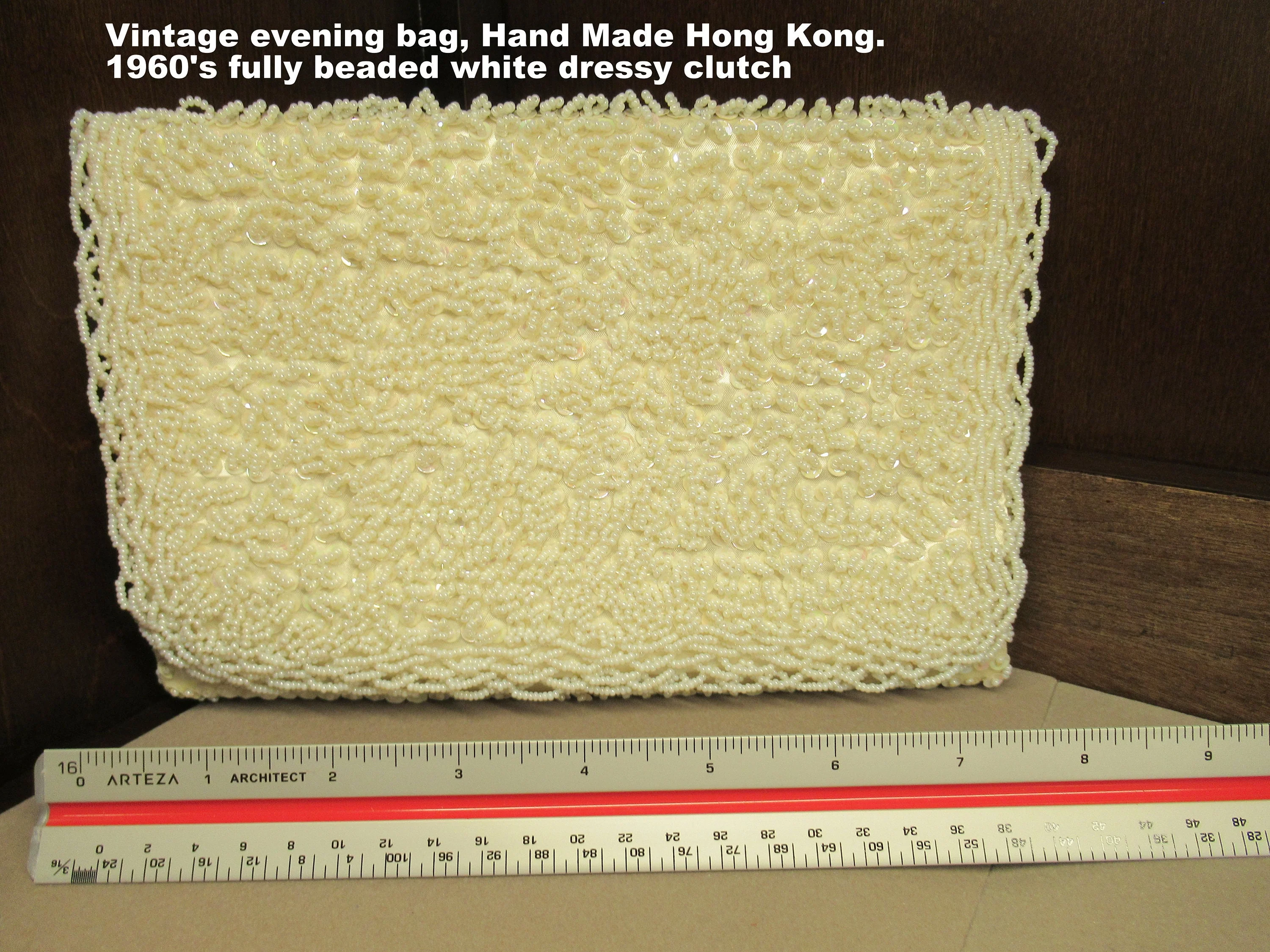 60s Fully Beaded Clutch Bag / Purse Fold Over Style Snap Clasp, 8 by 6 Inches, Event-Ready Bag, Hand Made Hong Kong, White Evening Purse - Image 2