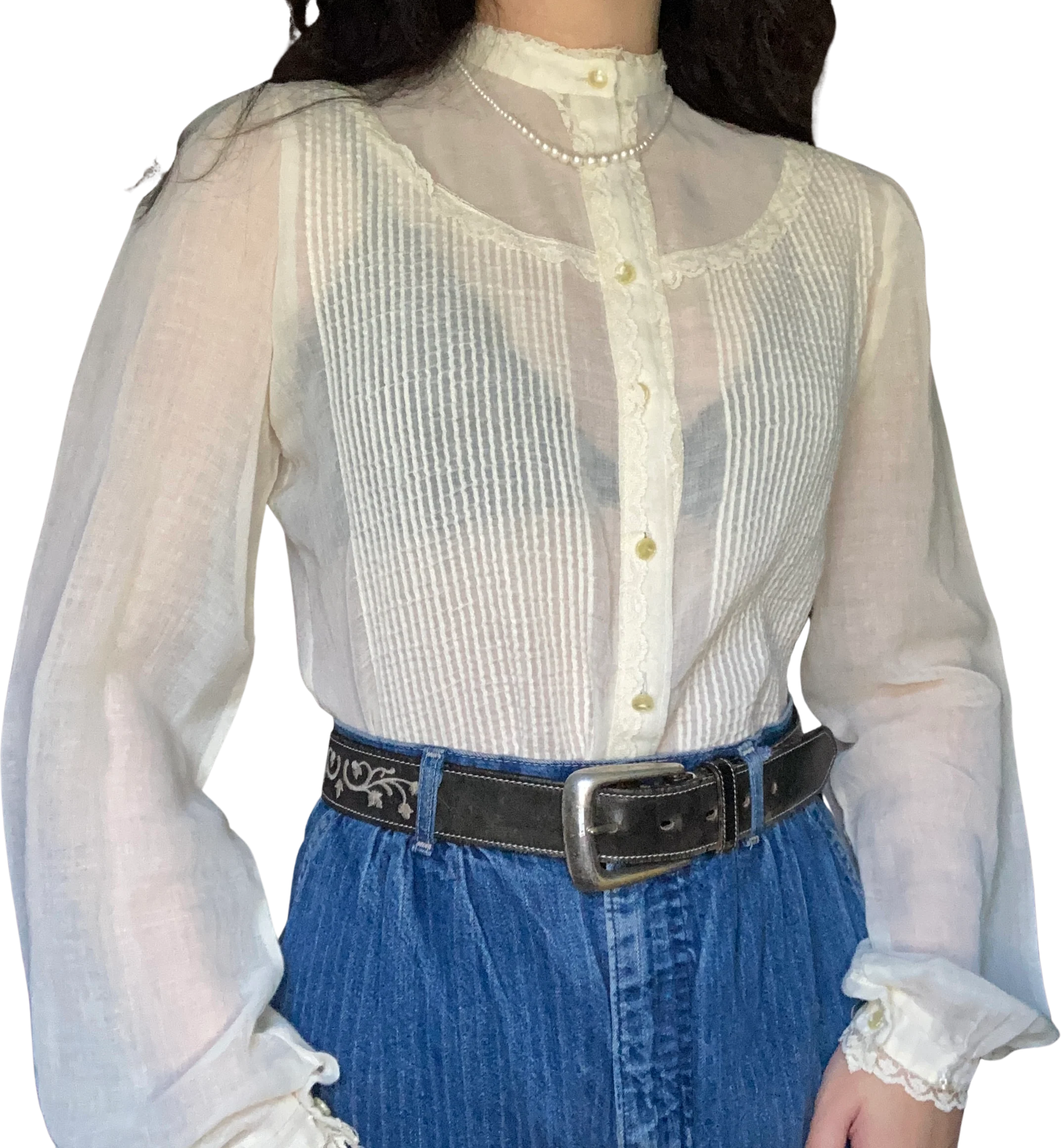 60s Gauzy Lace Trim Prairie Mock Neck Button Down Top By Hanna Jeffery's