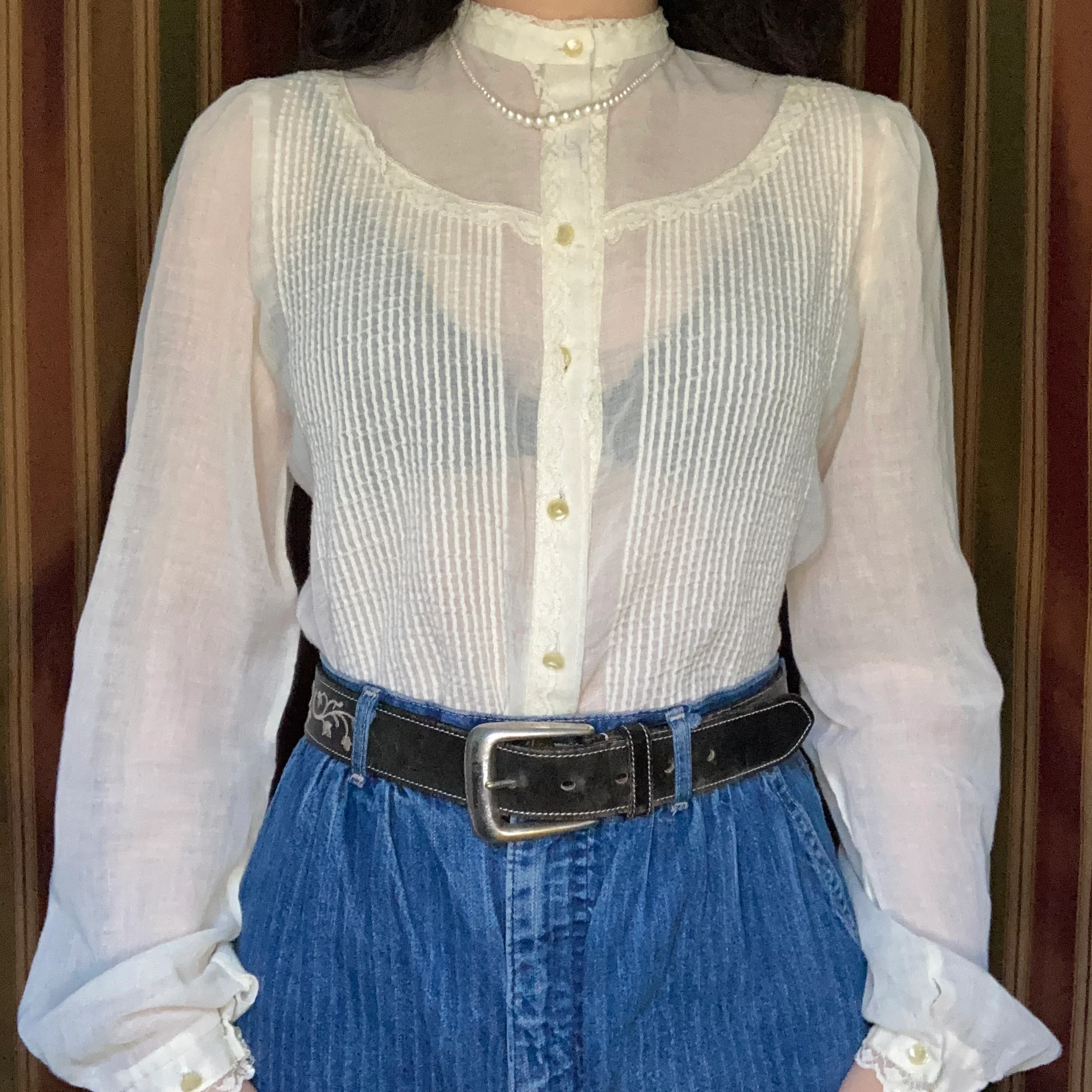 60s Gauzy Lace Trim Prairie Mock Neck Button Down Top By Hanna Jeffery's - Image 2