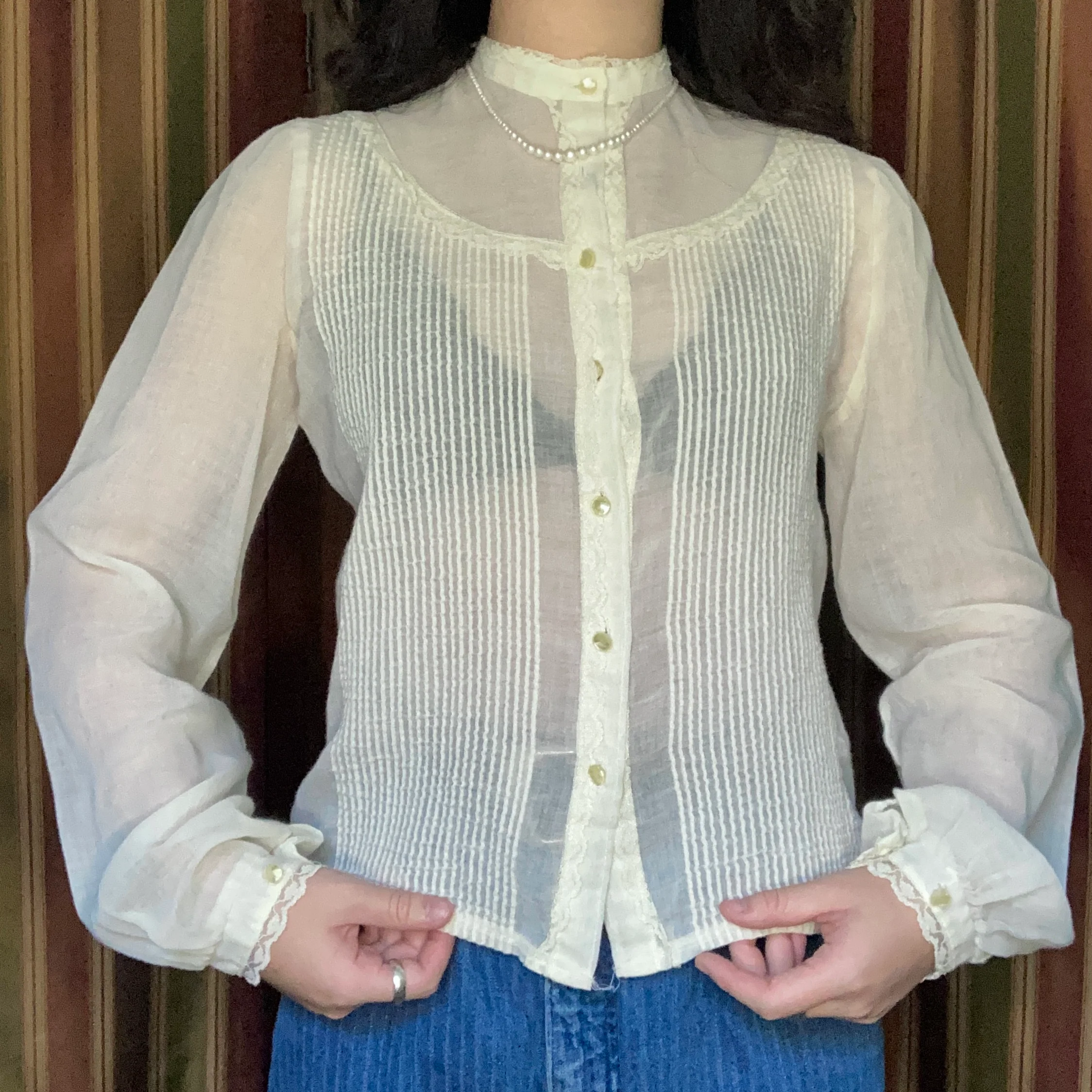 60s Gauzy Lace Trim Prairie Mock Neck Button Down Top By Hanna Jeffery's - Image 3