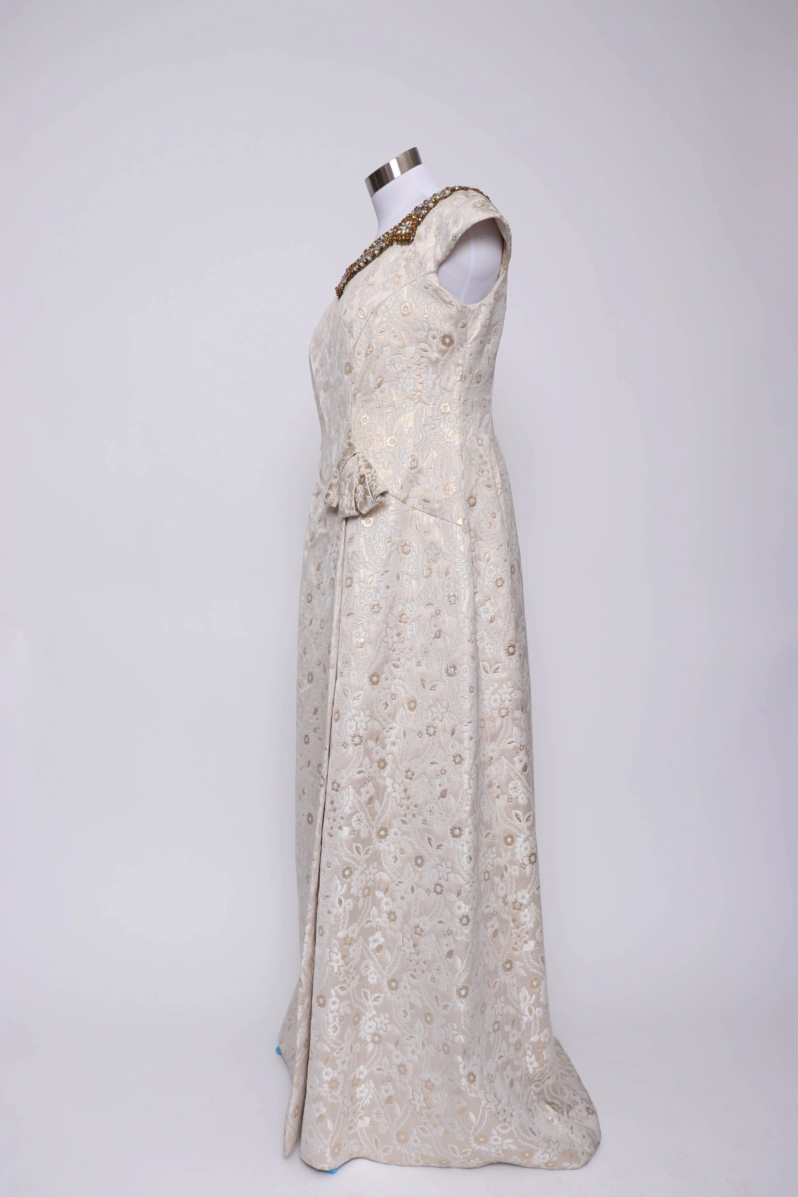 60s Gold and Cream Tapestry Maxi Dress L by I Magnin - Image 4