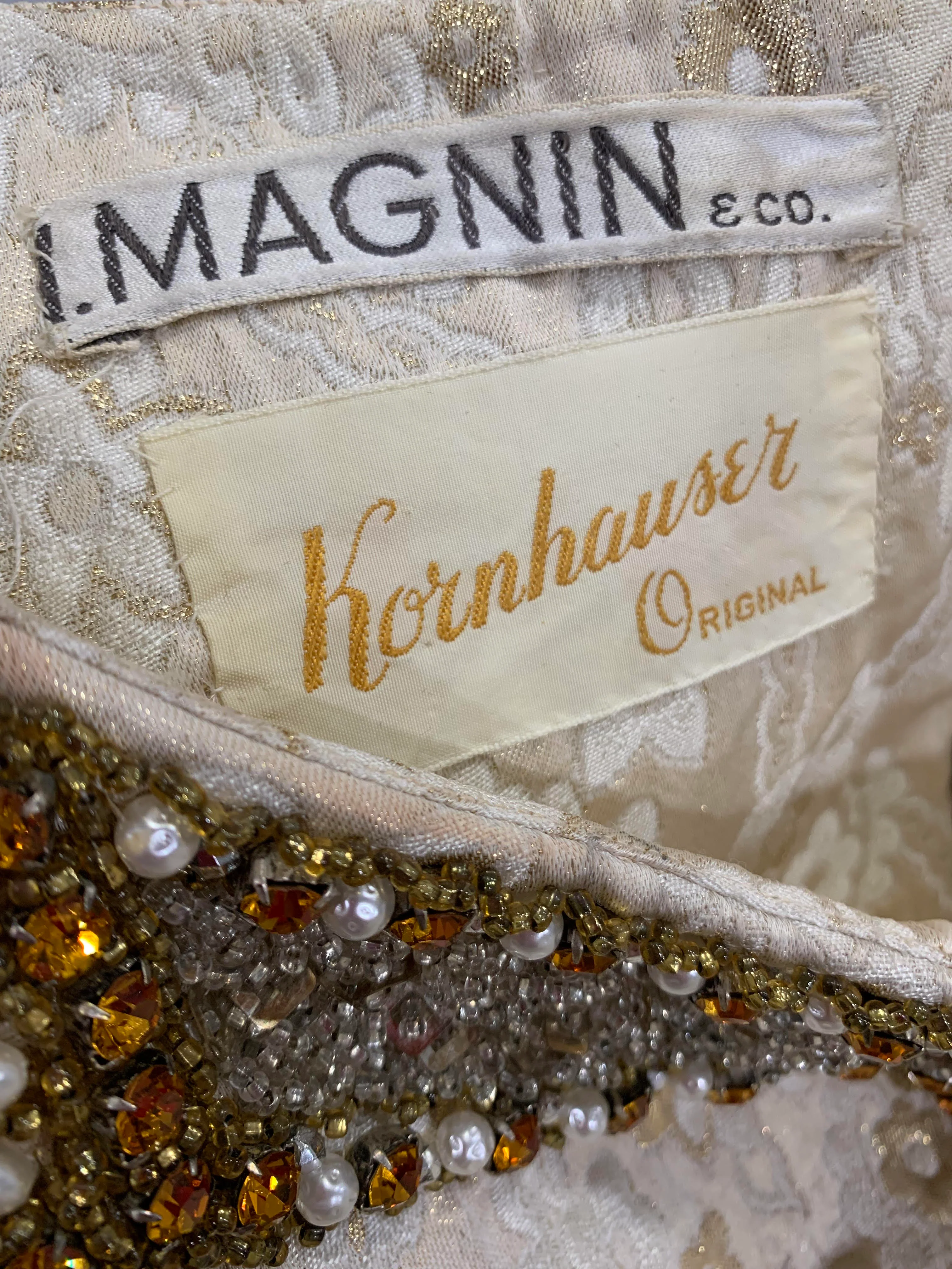 60s Gold and Cream Tapestry Maxi Dress L by I Magnin - Image 9