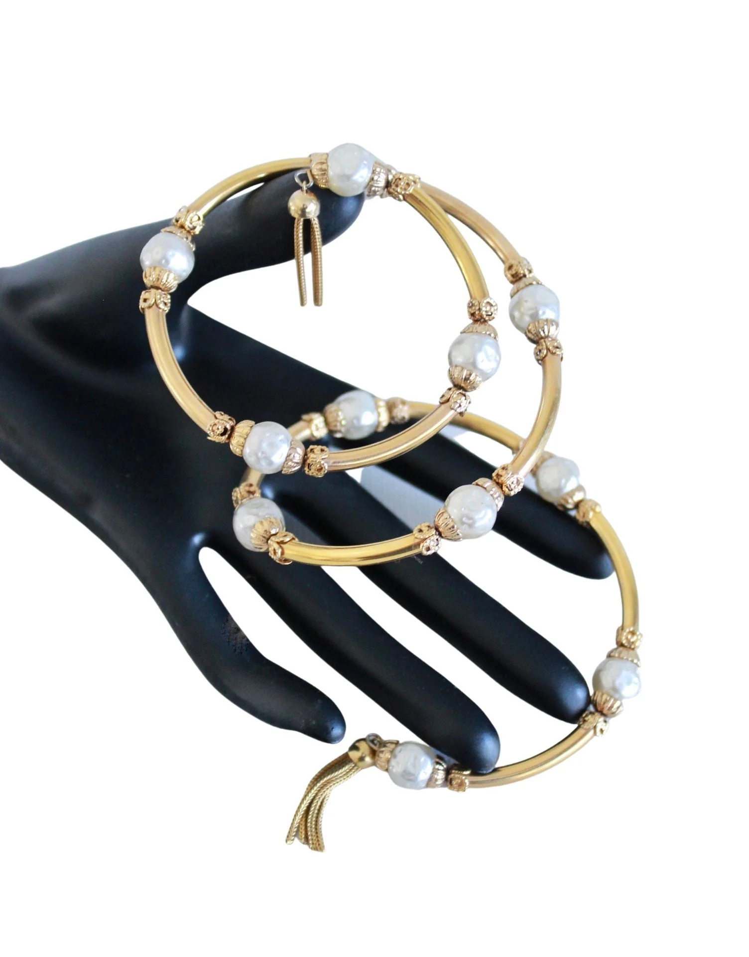 60s Gold and Faux Pearl Coil Bracelet - Image 8