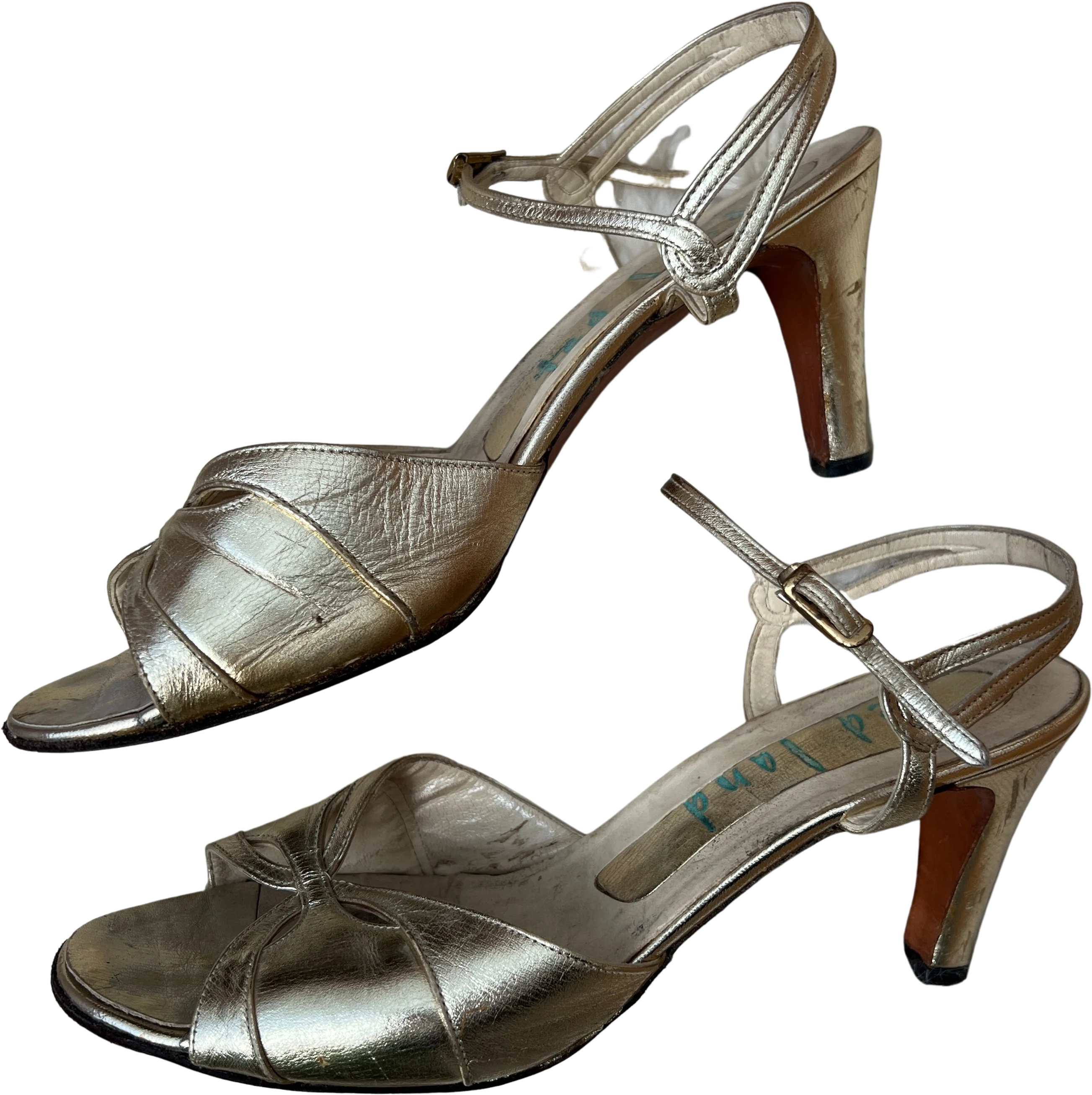 60s Gold Ankle Strap Heeled Sandals by ted land