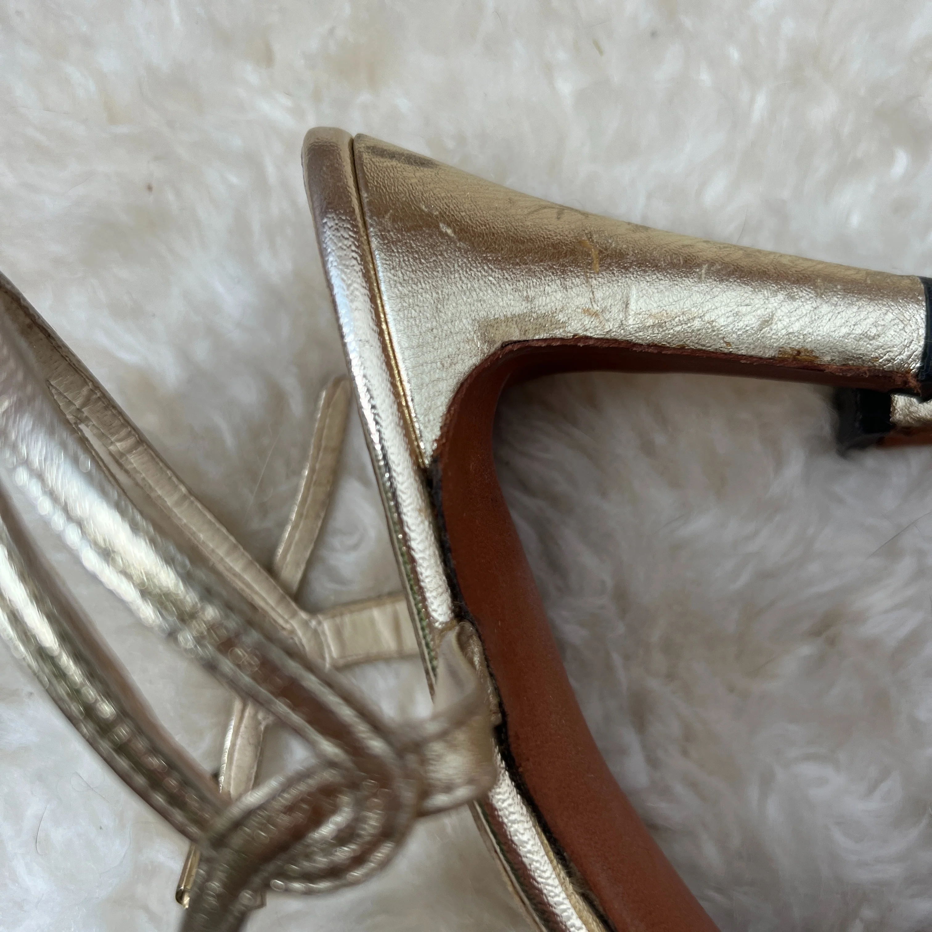 60s Gold Ankle Strap Heeled Sandals by ted land - Image 10