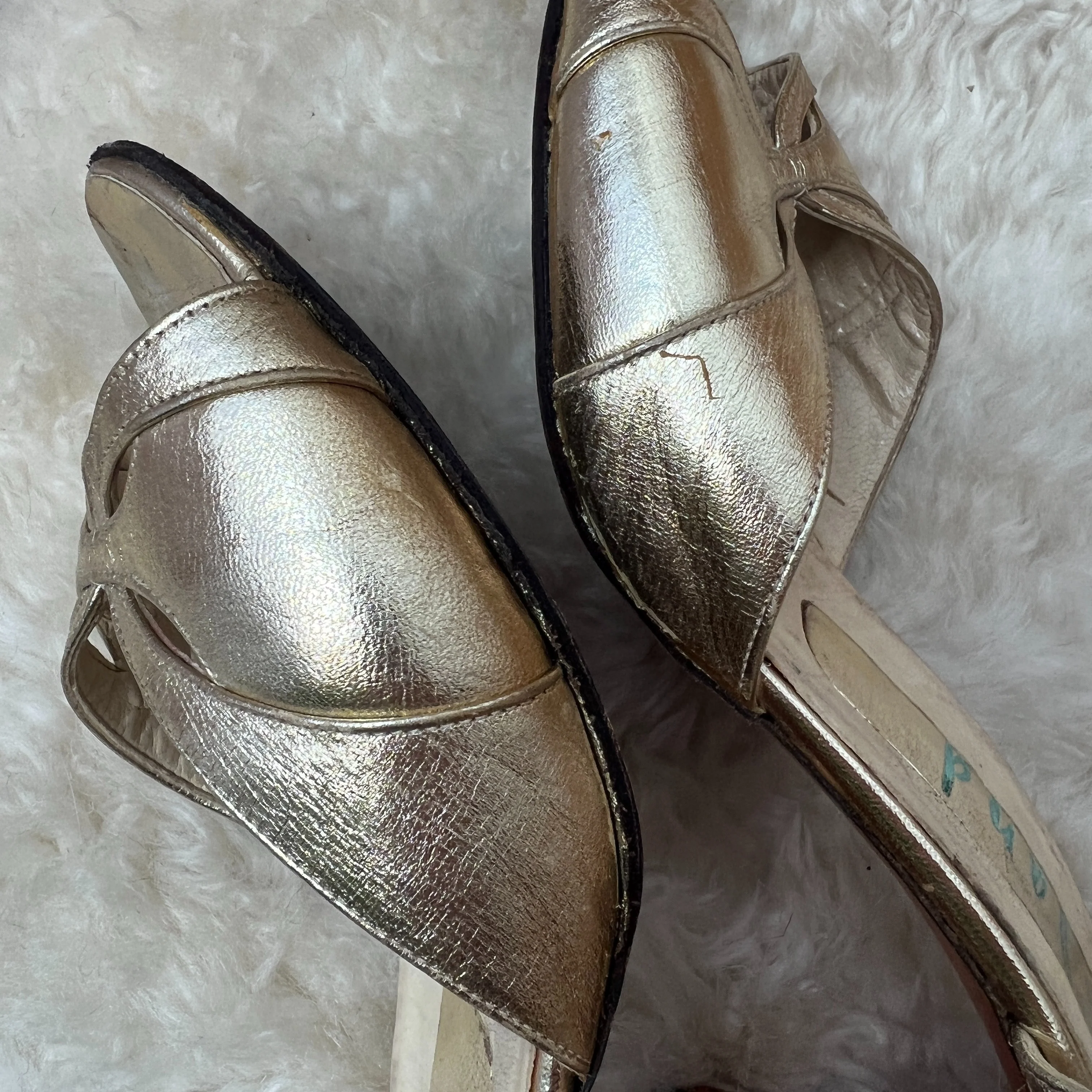 60s Gold Ankle Strap Heeled Sandals by ted land - Image 11