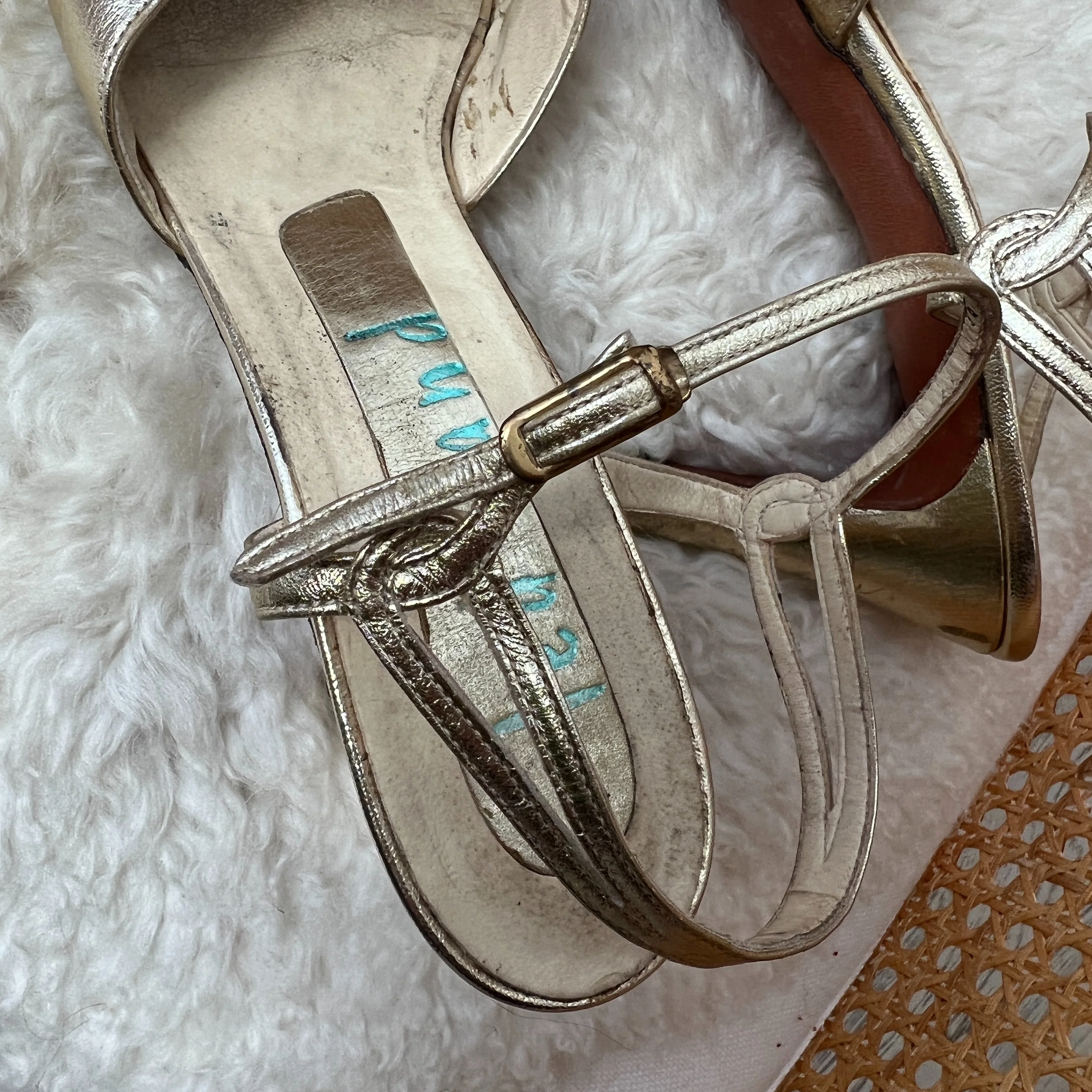 60s Gold Ankle Strap Heeled Sandals by ted land - Image 14