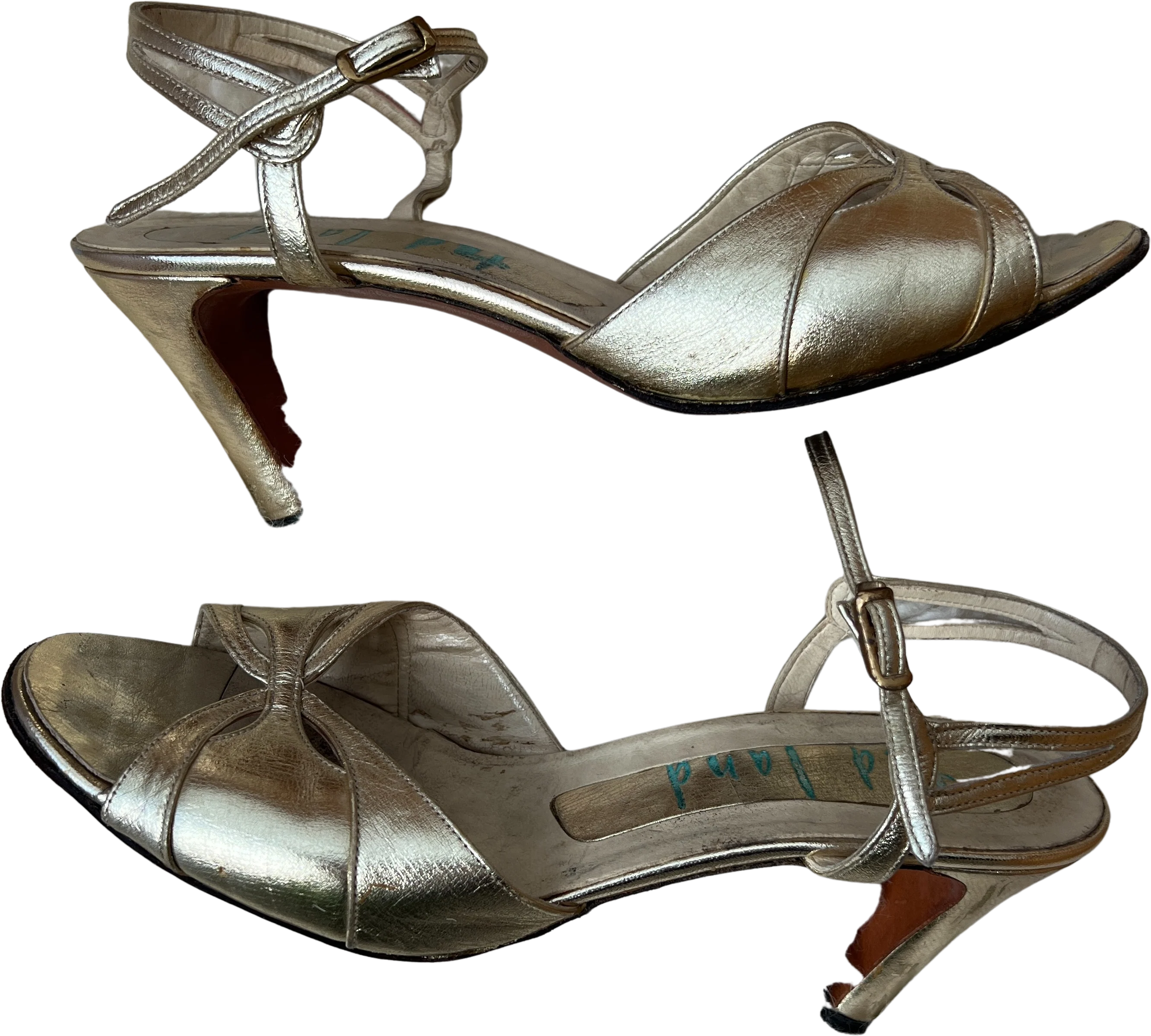 60s Gold Ankle Strap Heeled Sandals by ted land - Image 2
