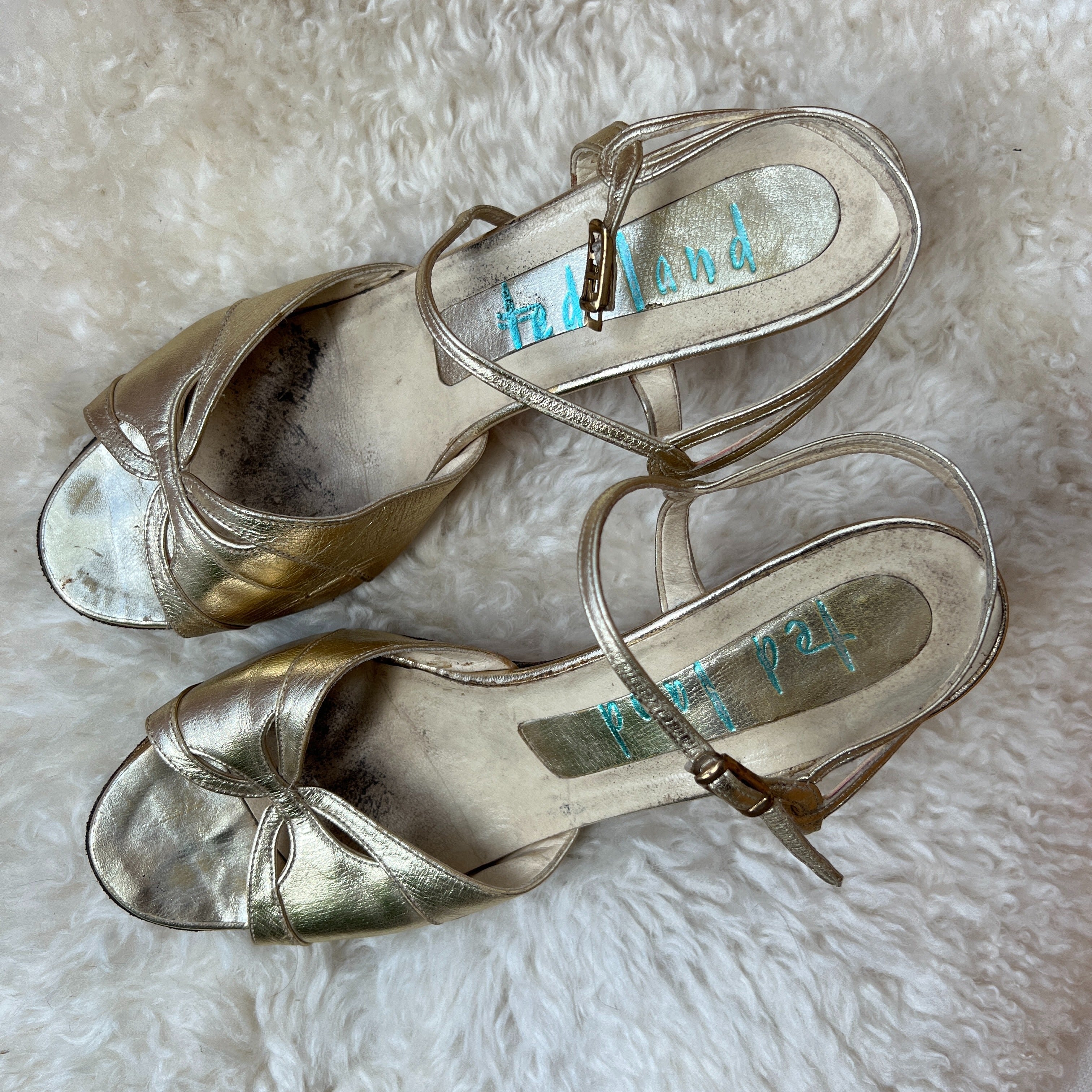 60s Gold Ankle Strap Heeled Sandals by ted land - Image 3