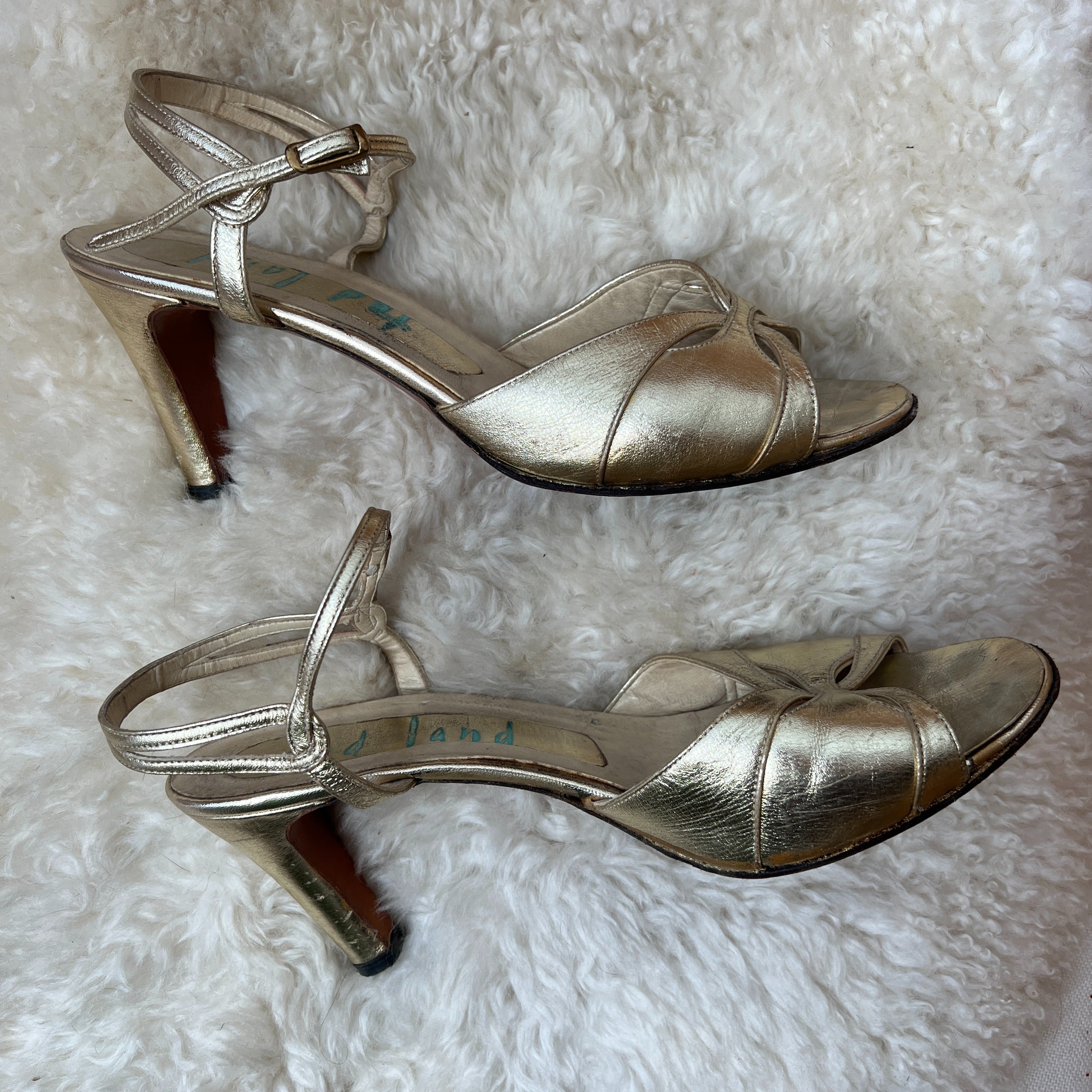 60s Gold Ankle Strap Heeled Sandals by ted land - Image 6