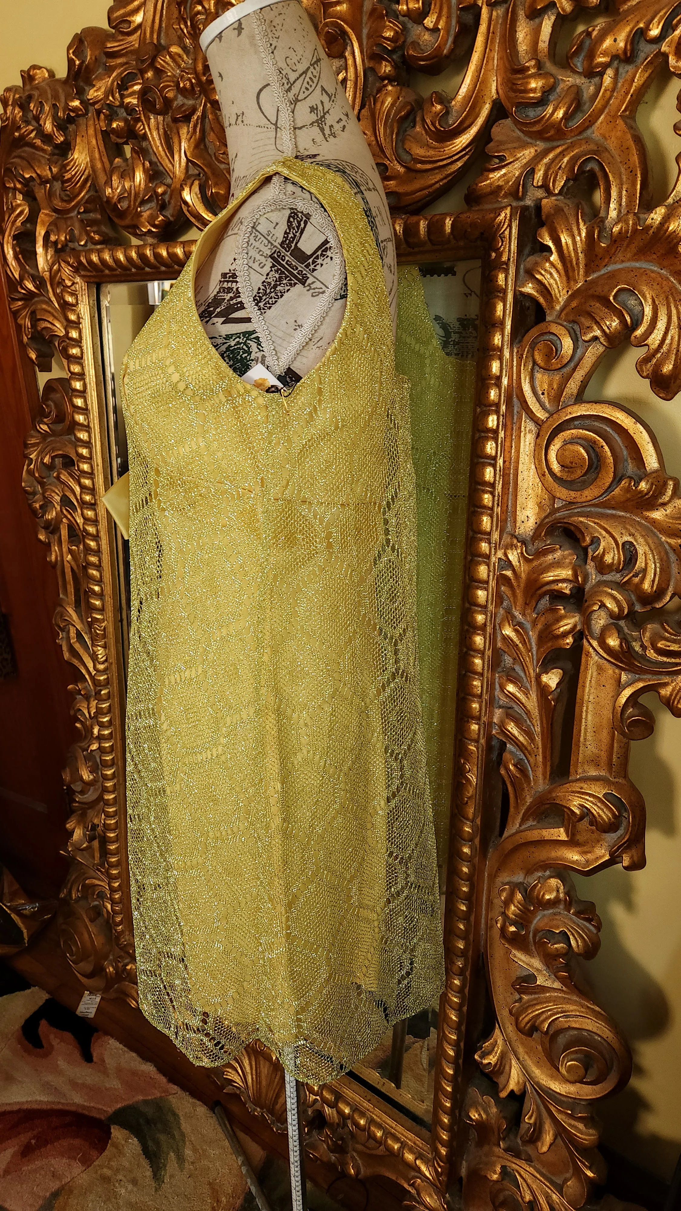 60s Gold Metallic Lace Babydoll Dress - Image 3
