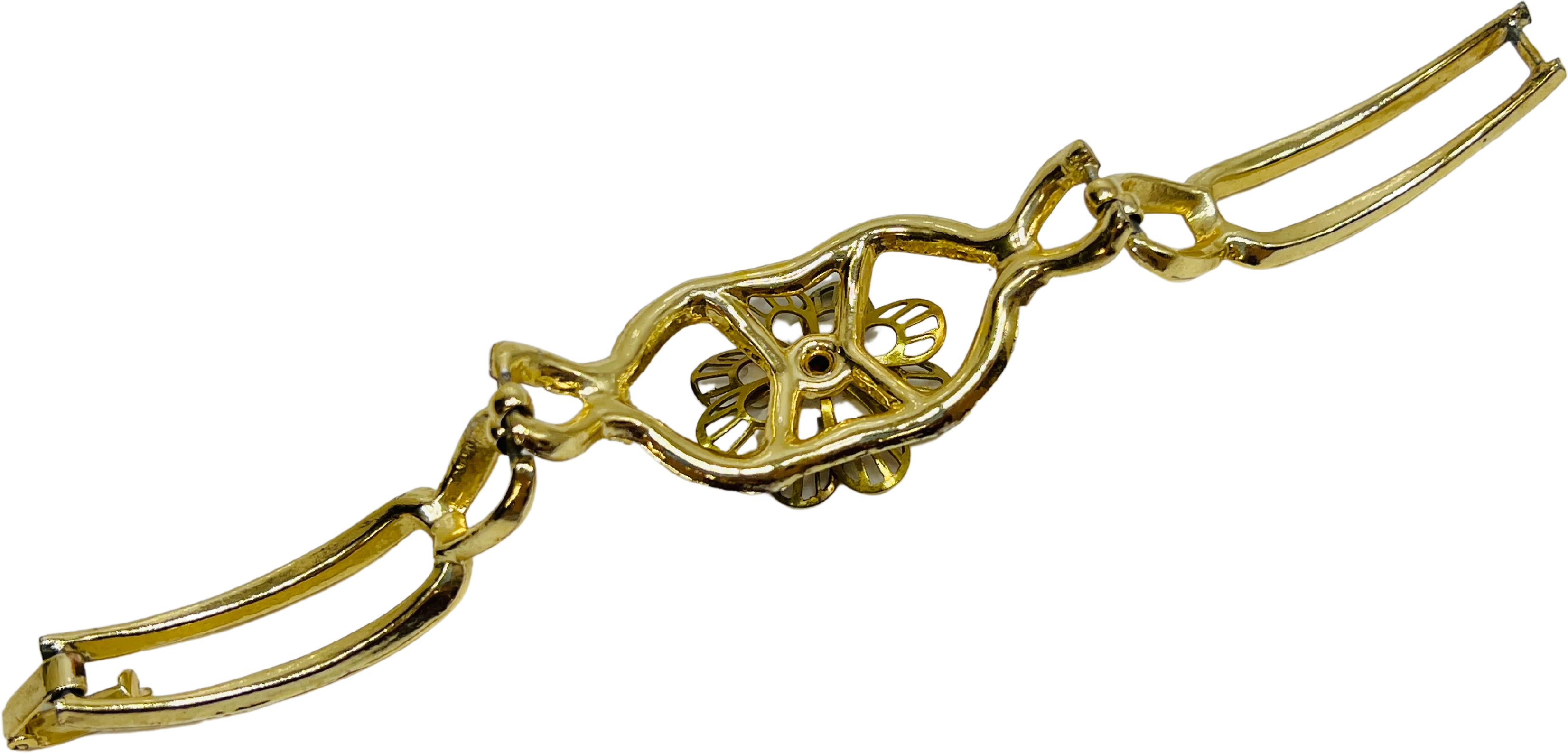 60s Gold Tone Bracelet W Flower Center Rhinestone 7 In - Image 2
