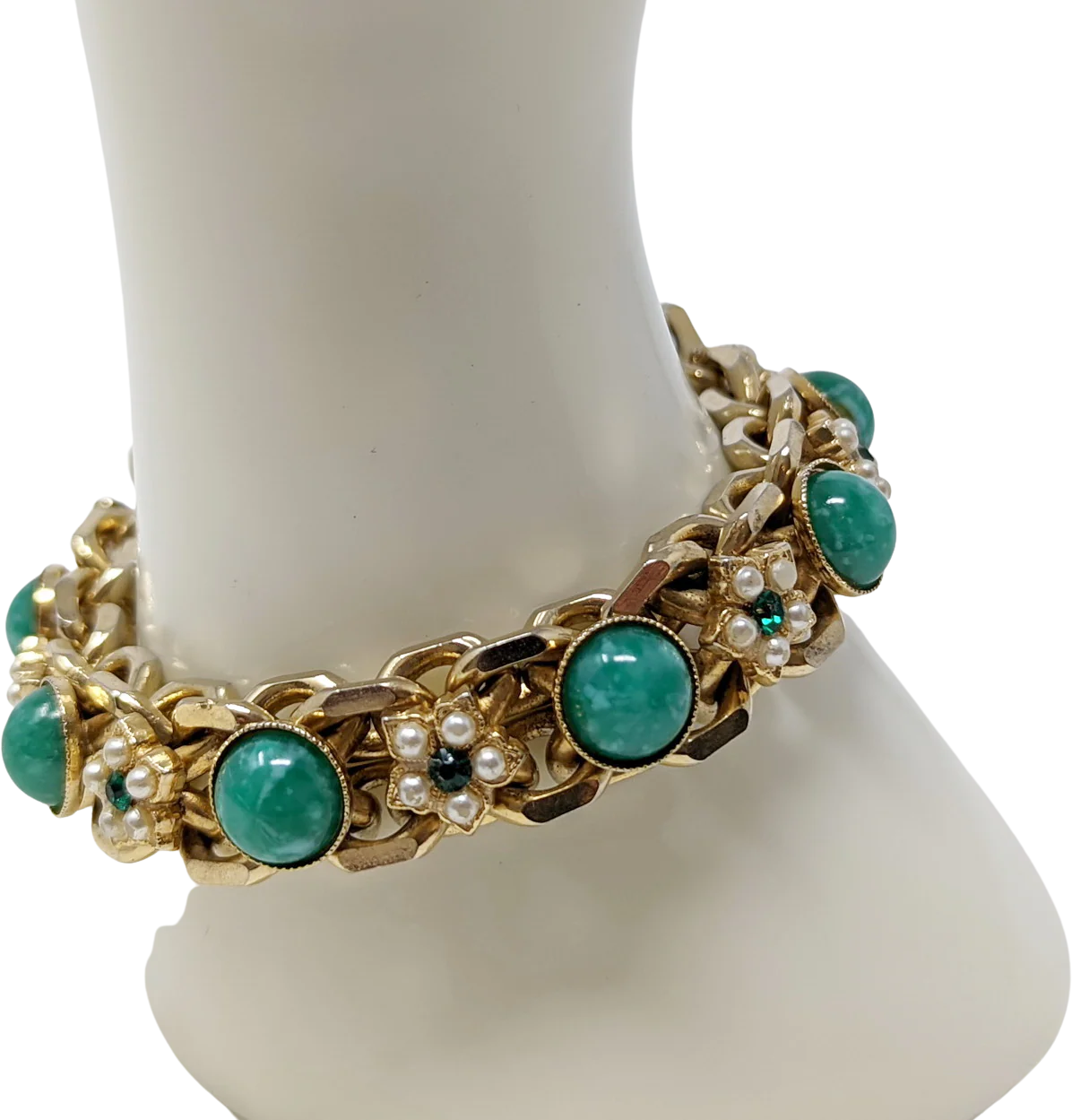60s Gold Tone Green Stones Faux Pearls Bracelet