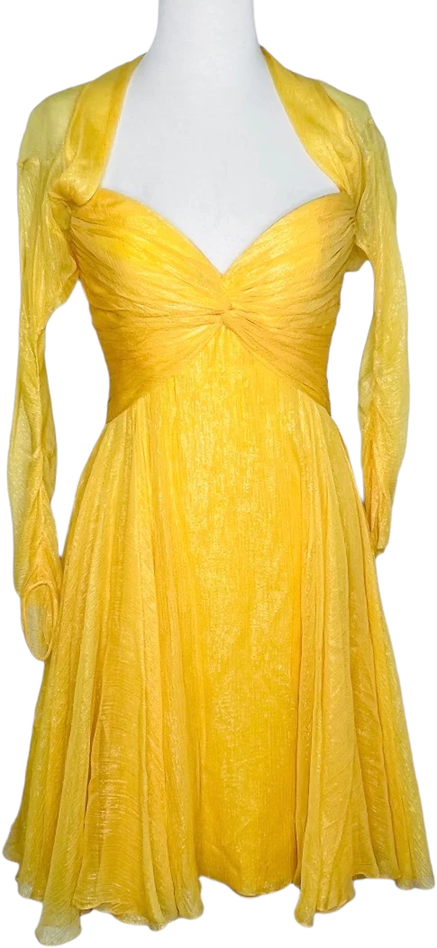 60s Golden Yellow Chiffon Cocktail Dress Corset Top Sz 8 by Bob Mackie