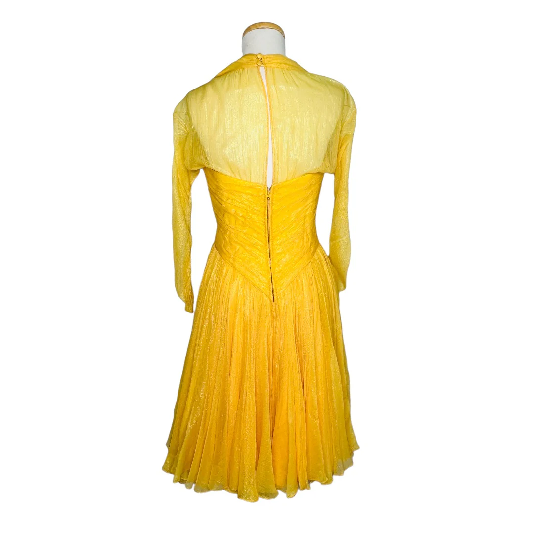 60s Golden Yellow Chiffon Cocktail Dress Corset Top Sz 8 by Bob Mackie - Image 2