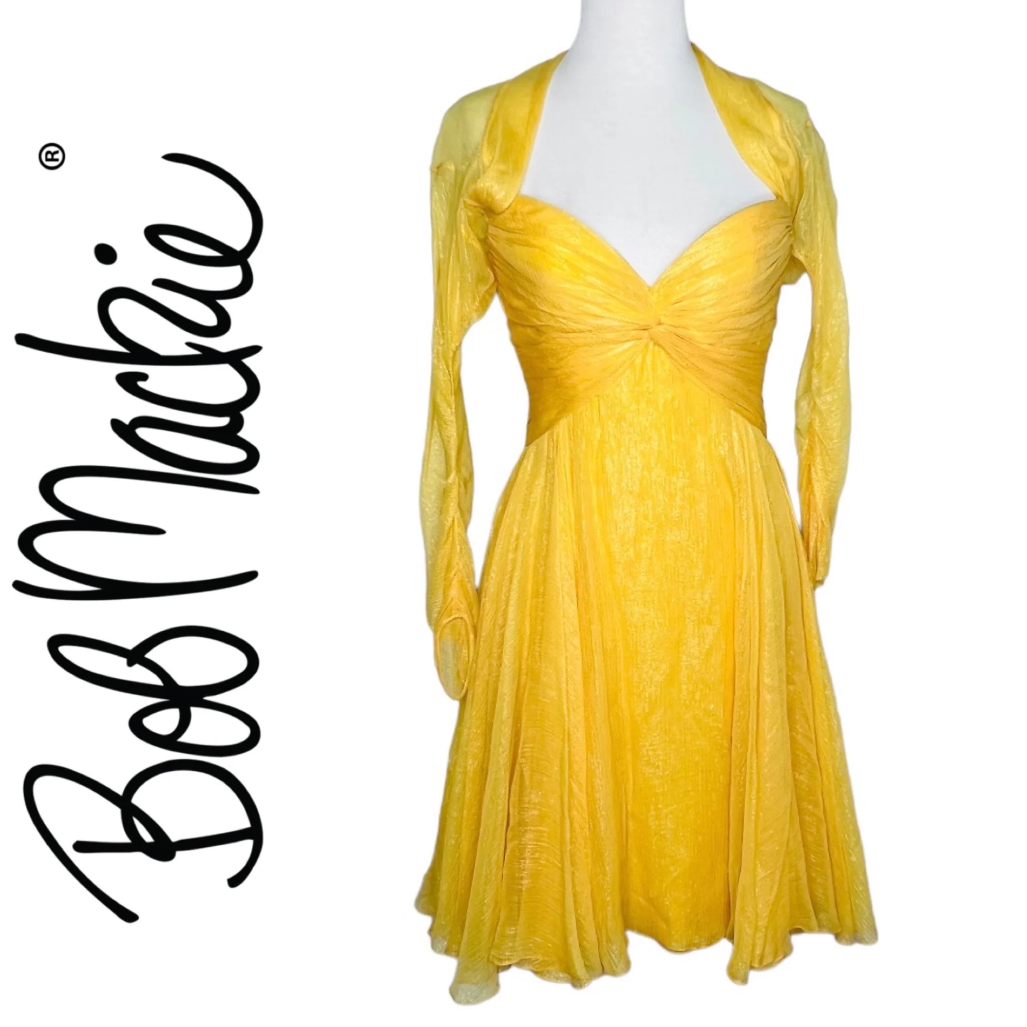 60s Golden Yellow Chiffon Cocktail Dress Corset Top Sz 8 by Bob Mackie - Image 3
