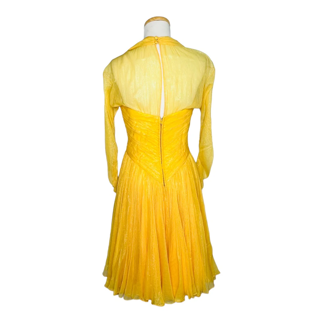 60s Golden Yellow Chiffon Cocktail Dress Corset Top Sz 8 by Bob Mackie - Image 6