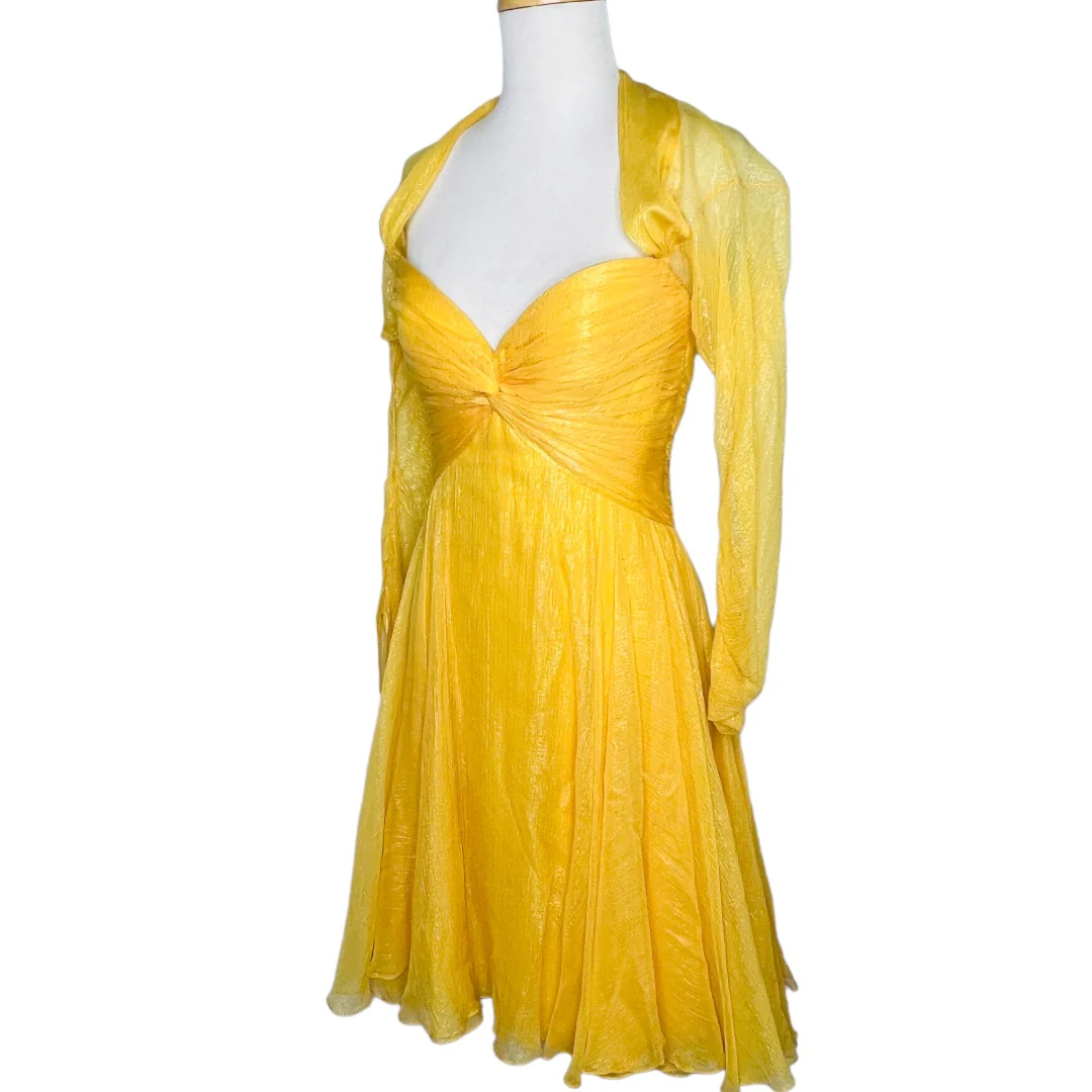 60s Golden Yellow Chiffon Cocktail Dress Corset Top Sz 8 by Bob Mackie - Image 7
