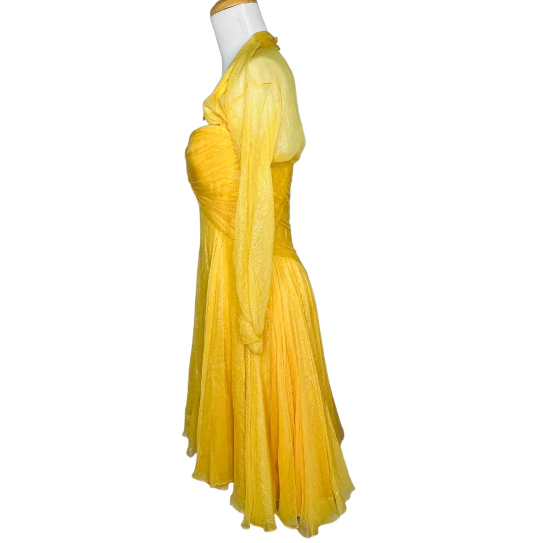 60s Golden Yellow Chiffon Cocktail Dress Corset Top Sz 8 by Bob Mackie - Image 9
