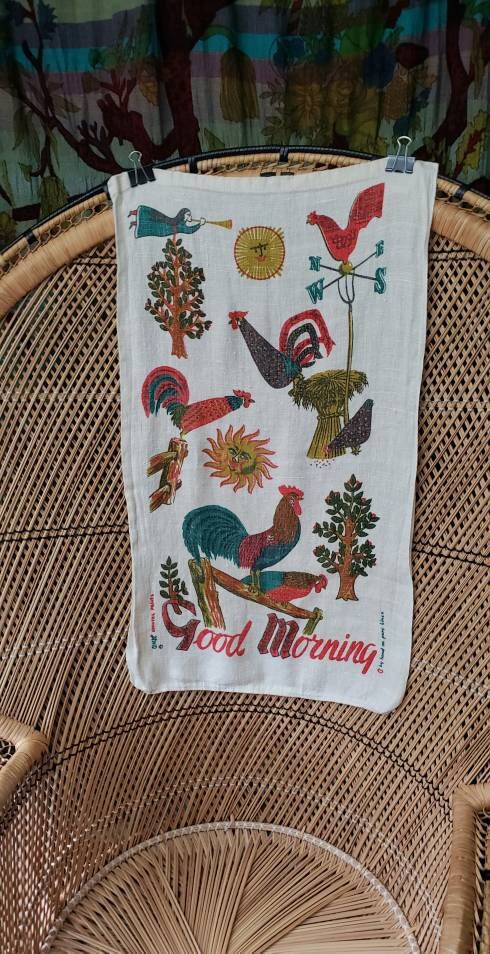 60s Good Morning Roosters Linen Tea Towel - Image 2