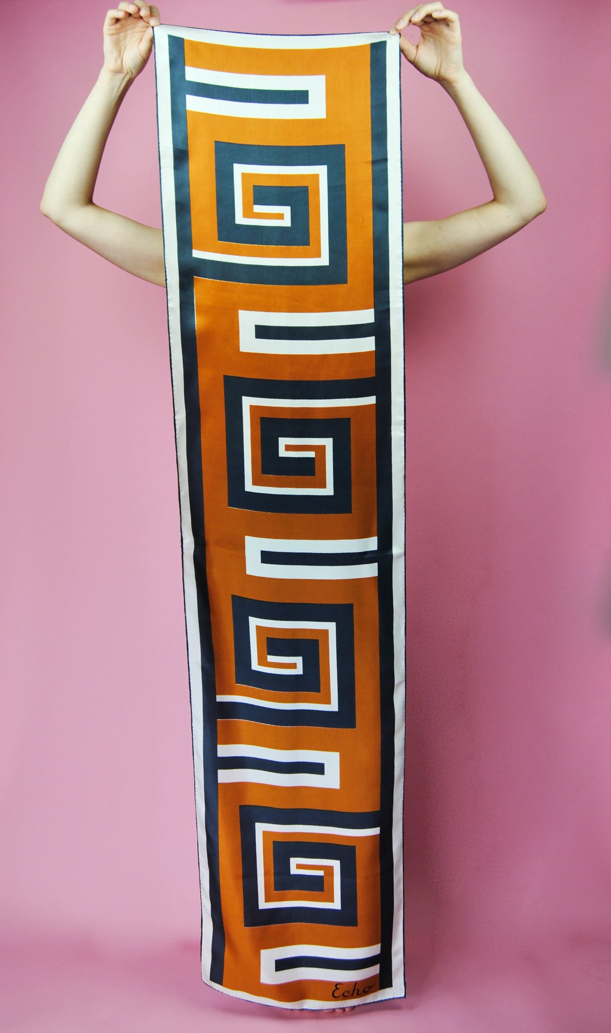 60s Greek Meander Silk Hand-rolled Scarf By Echo - Image 3