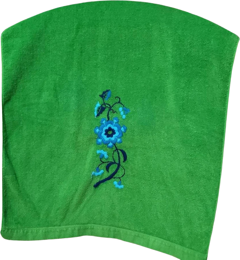 60s Green Bath Towel with Crewel Blue Flower by Stevens Utica by Stevens Utica