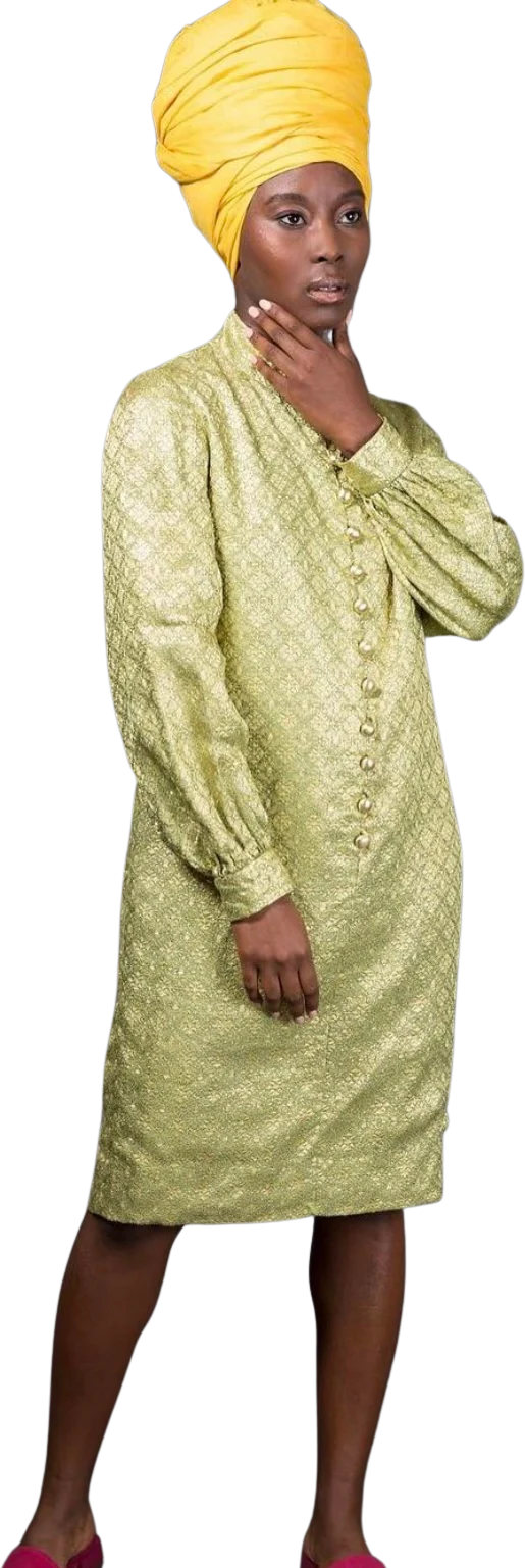 60s Green Brocade Dress With Gold Buttons By Union Made
