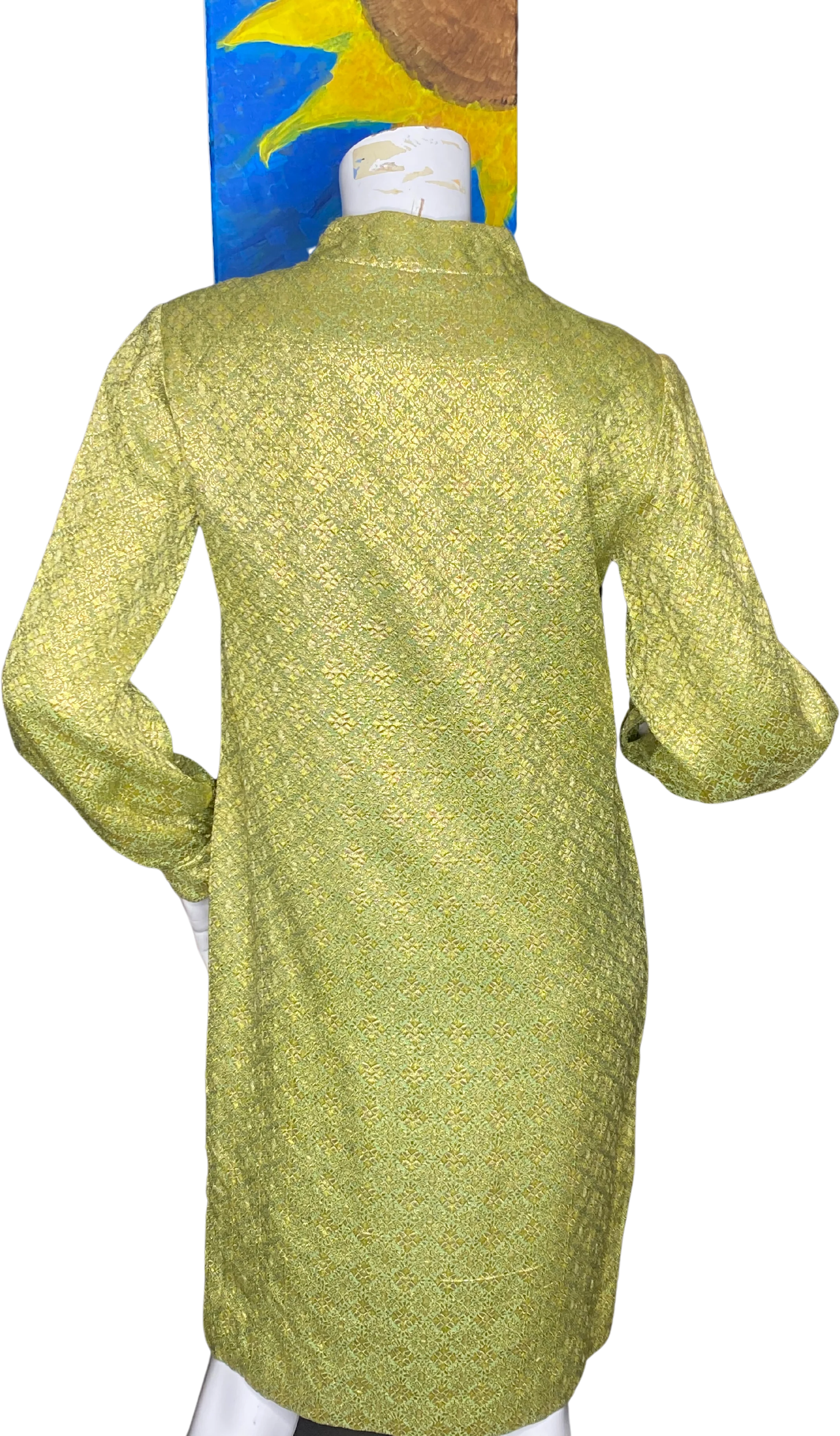 60s Green Brocade Dress With Gold Buttons By Union Made - Image 2