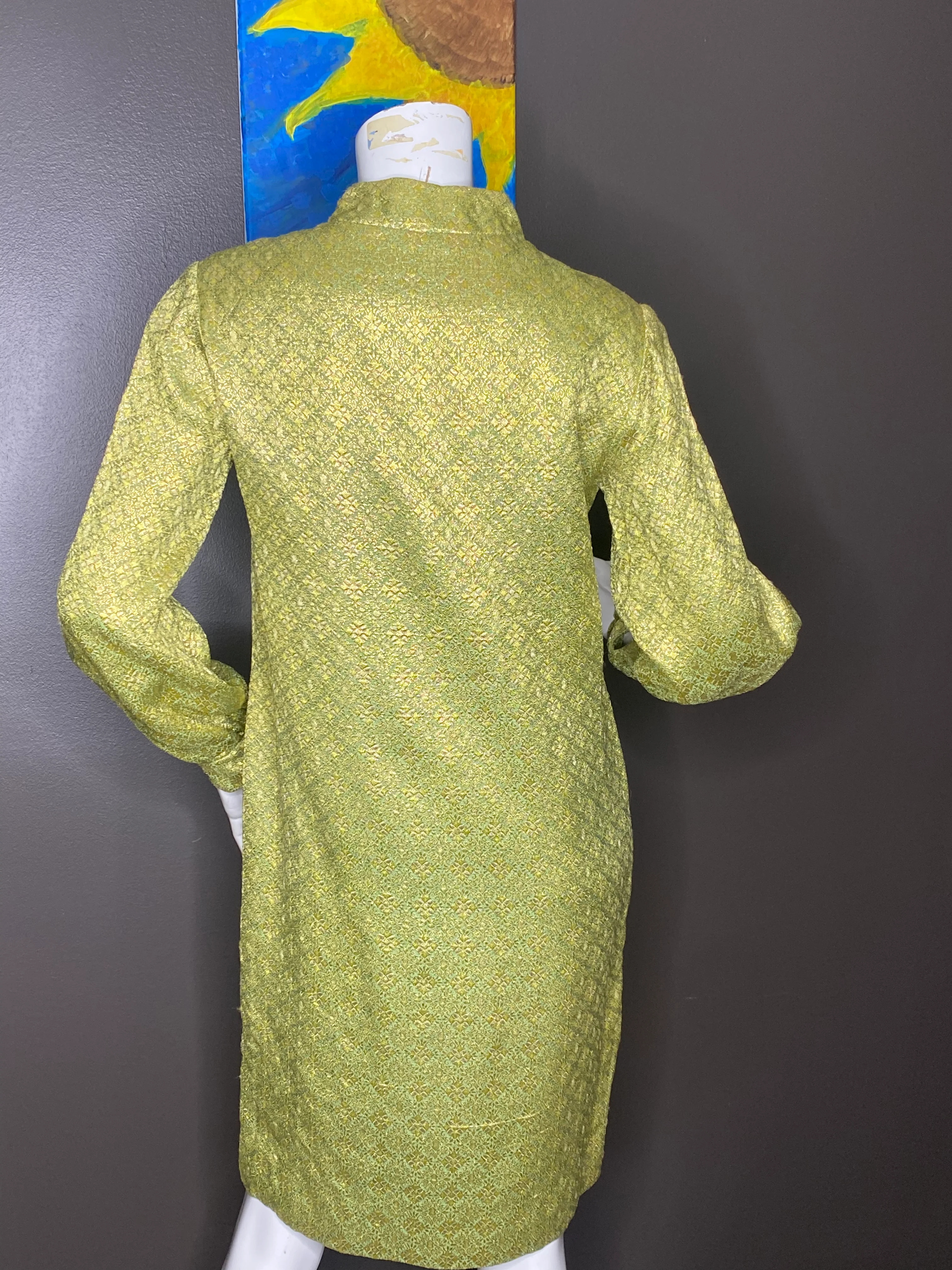 60s Green Brocade Dress With Gold Buttons By Union Made - Image 4