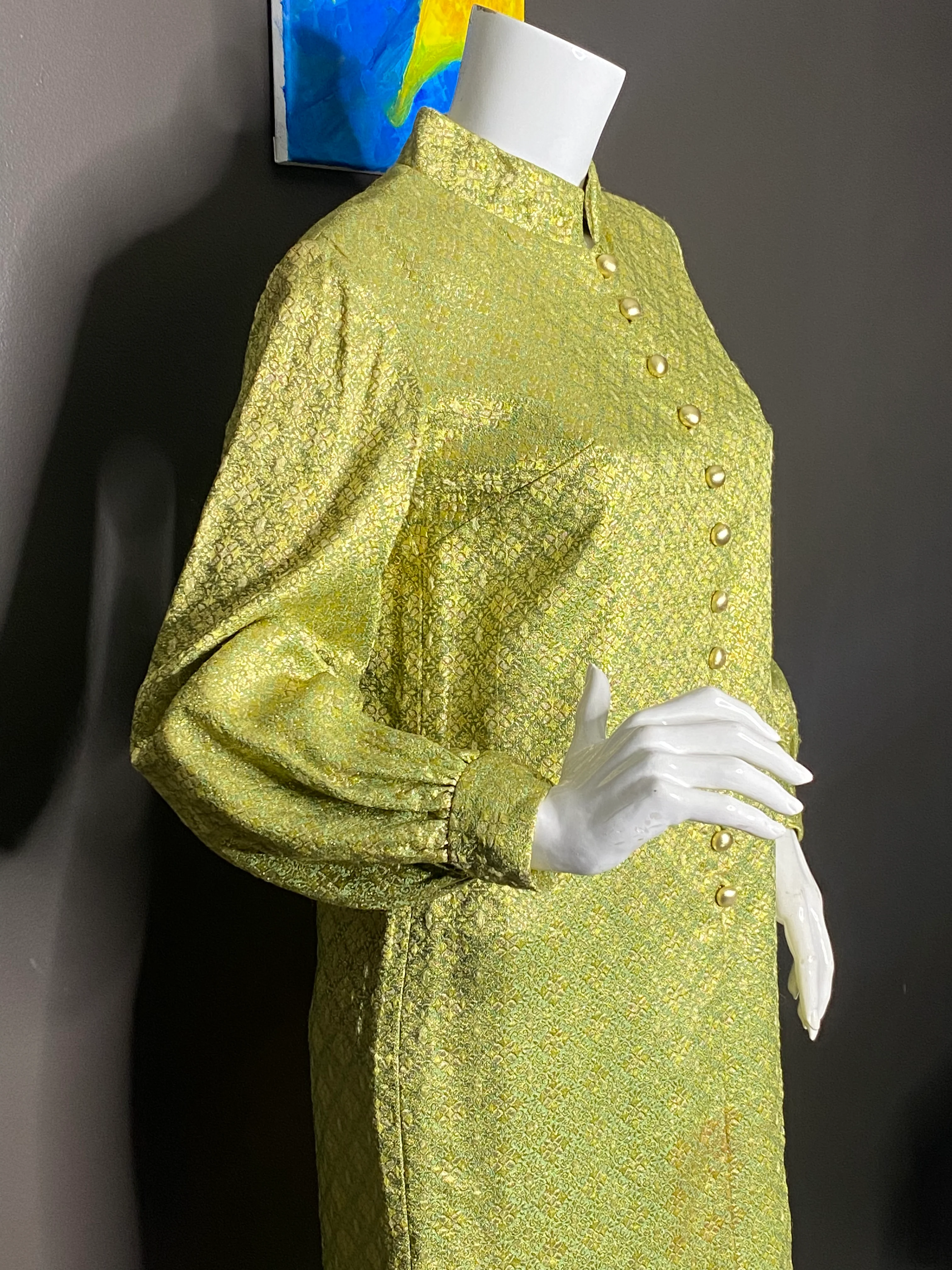60s Green Brocade Dress With Gold Buttons By Union Made - Image 6
