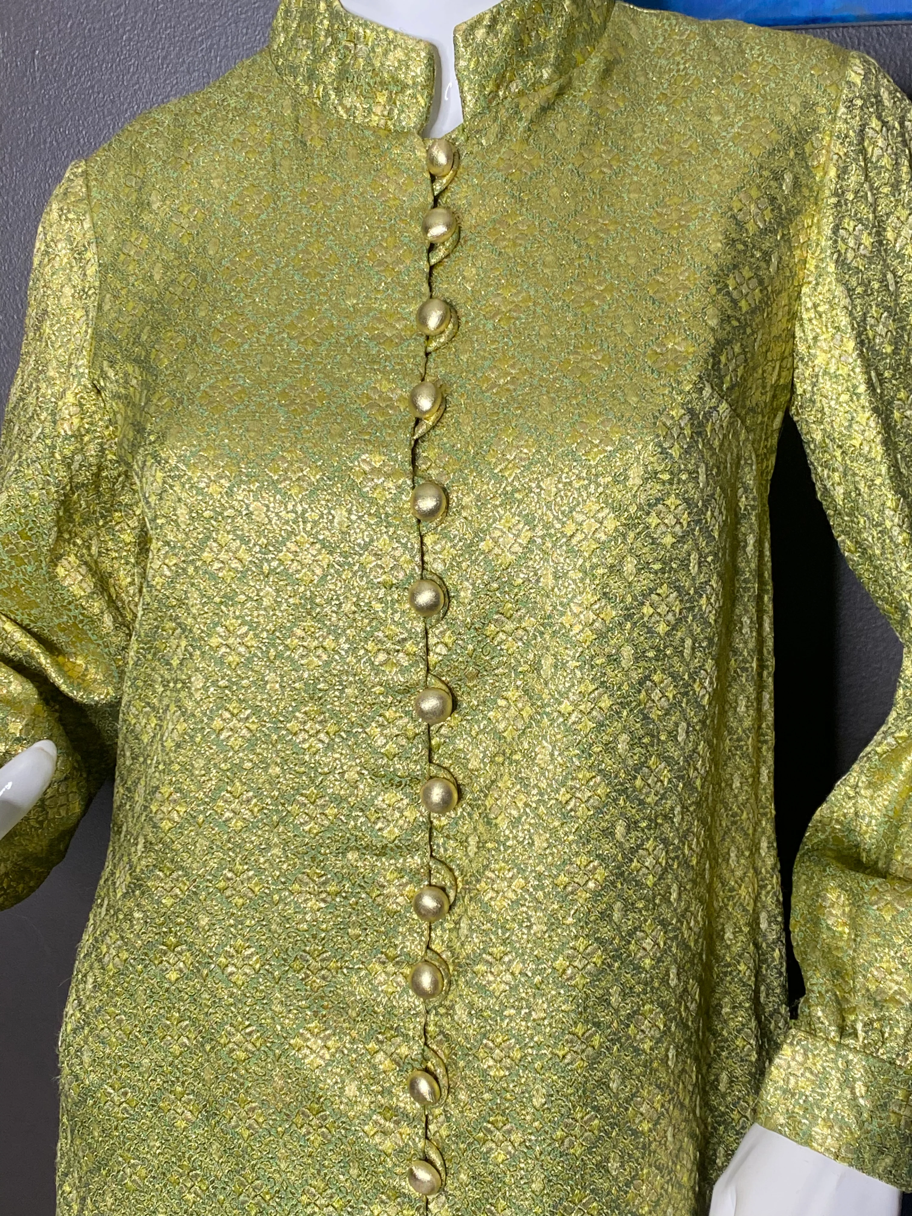 60s Green Brocade Dress With Gold Buttons By Union Made - Image 7