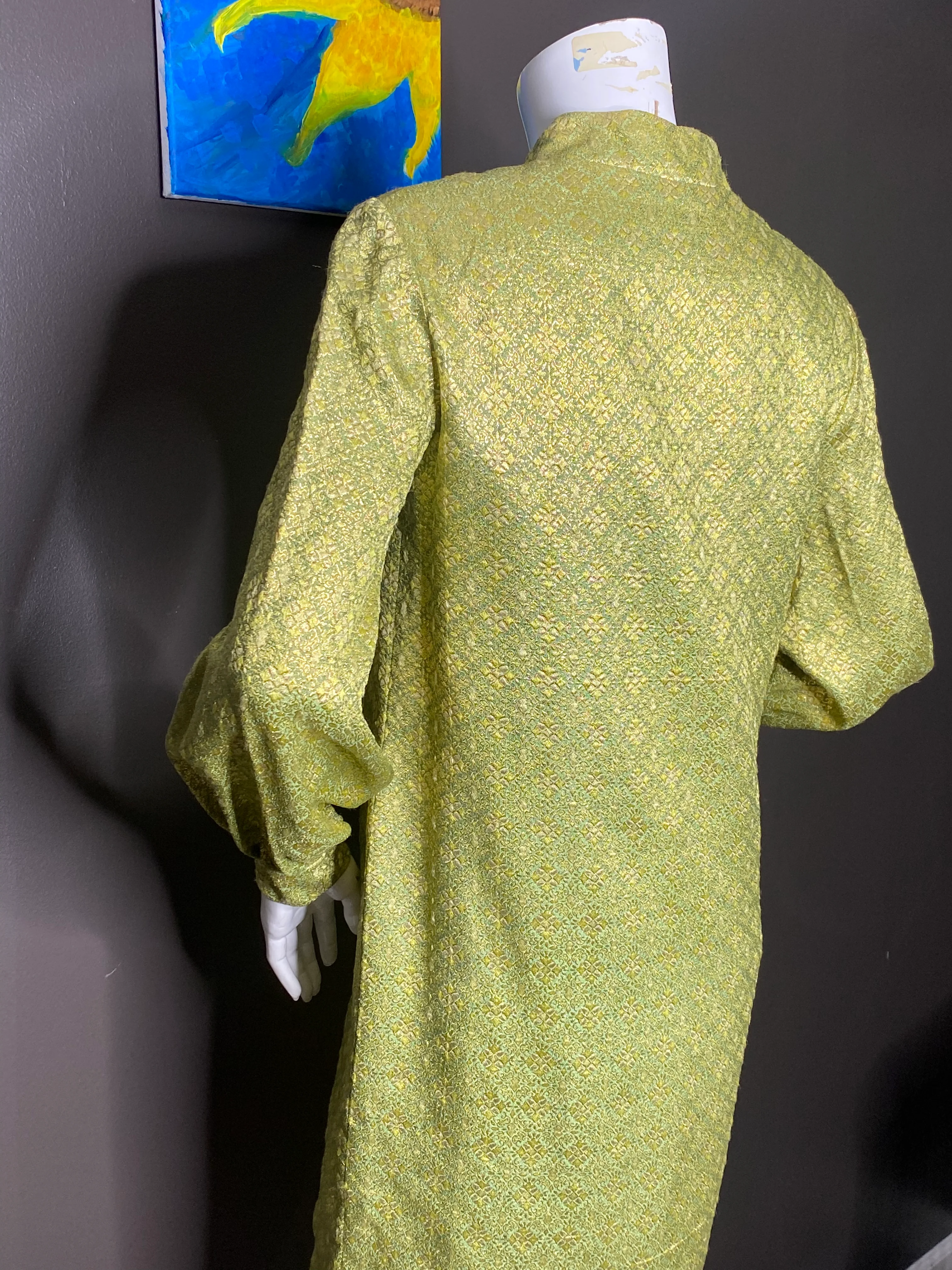 60s Green Brocade Dress With Gold Buttons By Union Made - Image 9