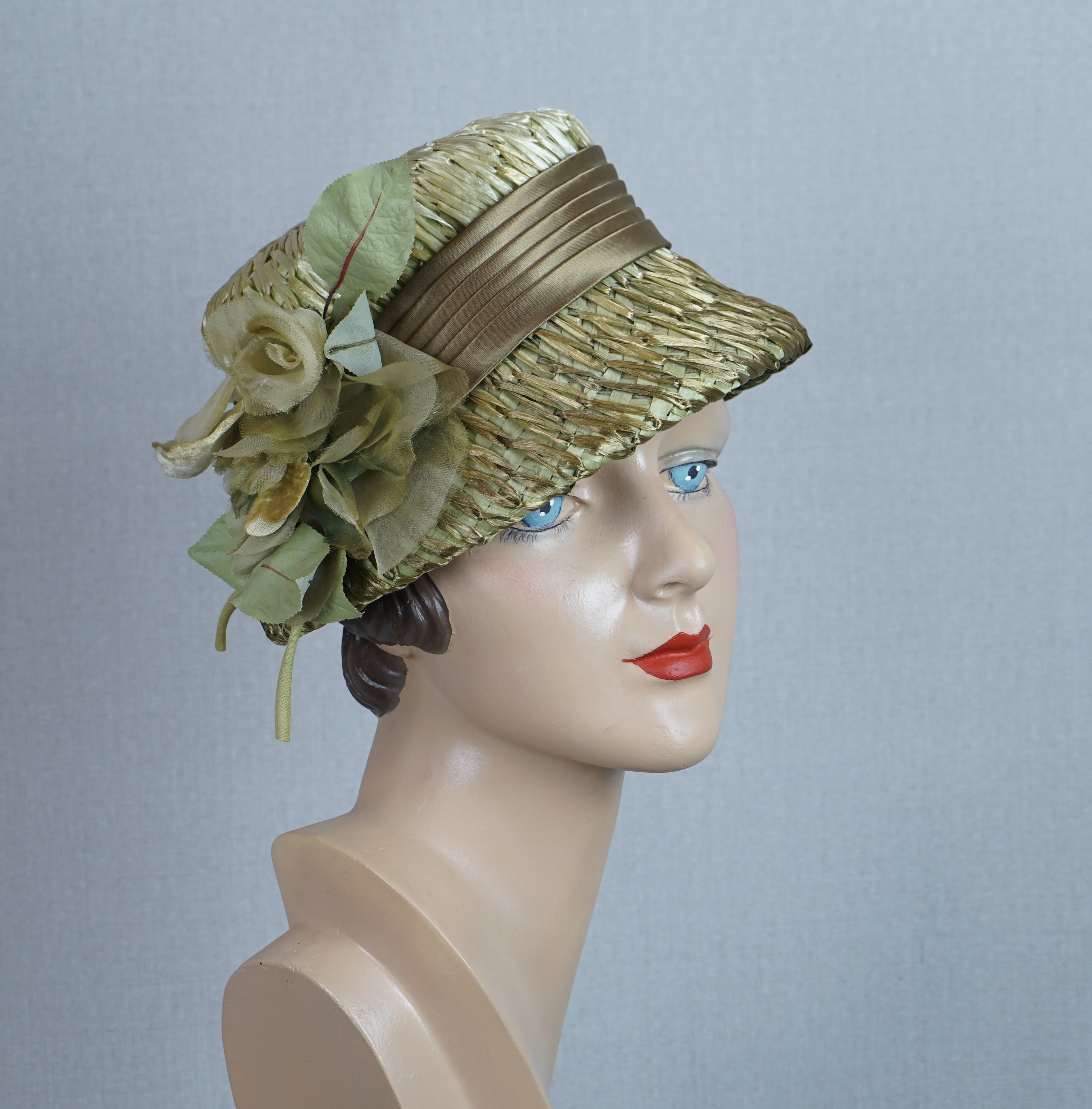 60s Green Raffia Straw Bucket Hat With Silk Rose - Image 10