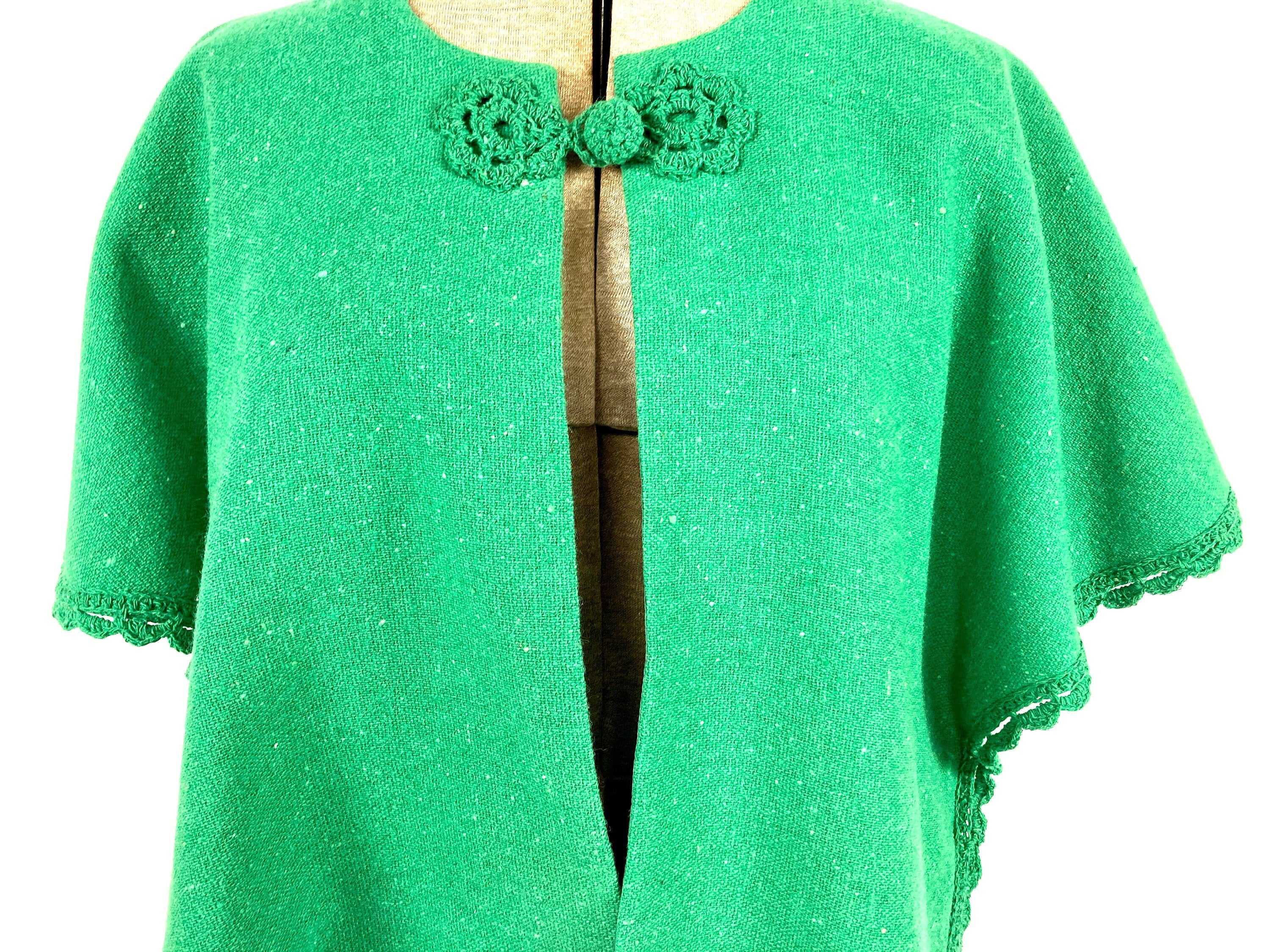60s Green Tweed Bolero Jacket Crochet Knit Cape Academia Vintage Dress Cropped Shawl Cropped Boxy Minimalist Classic - Image 3