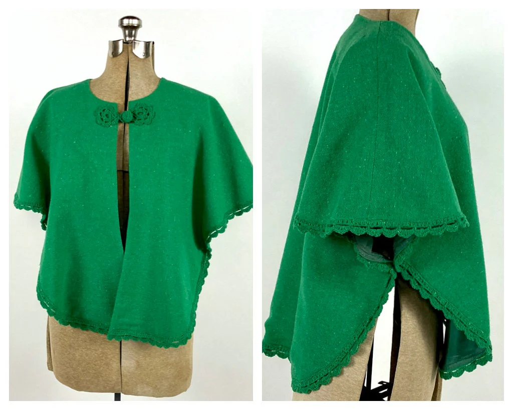 60s Green Tweed Bolero Jacket Crochet Knit Cape Academia Vintage Dress Cropped Shawl Cropped Boxy Minimalist Classic - Image 5