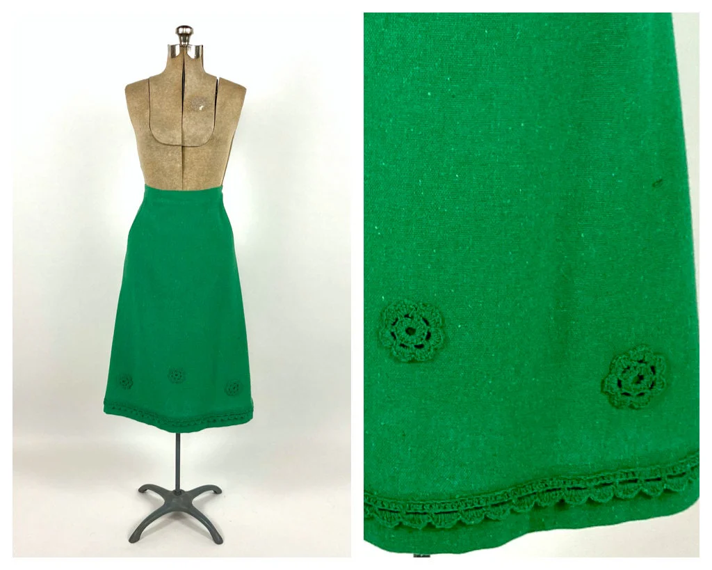 60s Green Tweed Skirt Crochet Knit Academia Vintage Dress Skirt by Eyleen Handcrafts - Image 3
