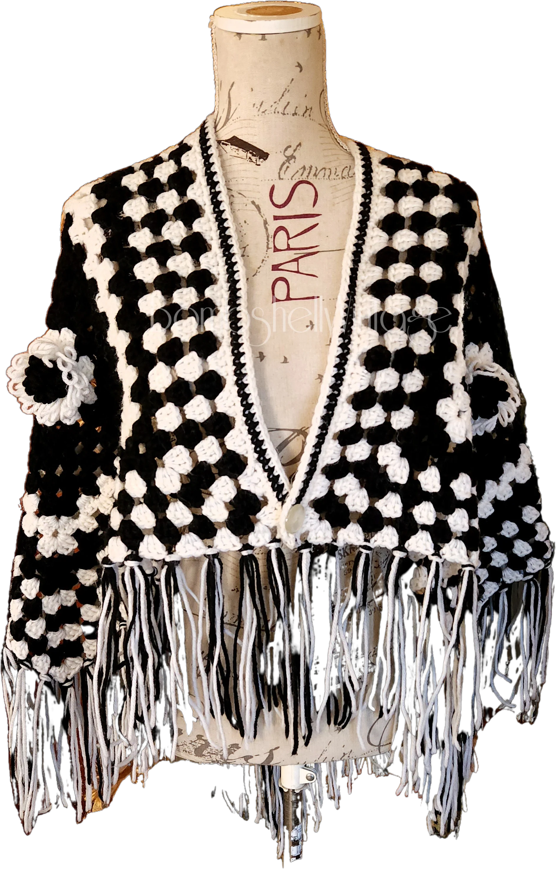 60s Hand Crochet Black And White Granny Fringed Poncho