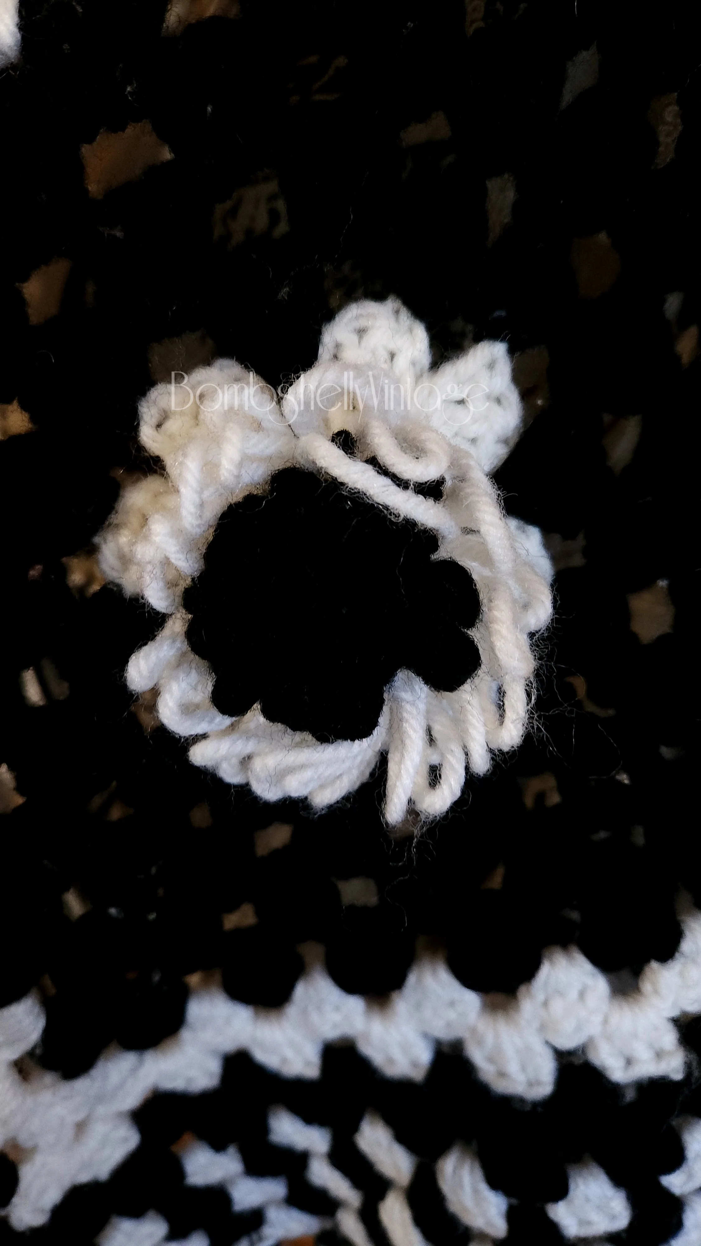 60s Hand Crochet Black And White Granny Fringed Poncho - Image 5