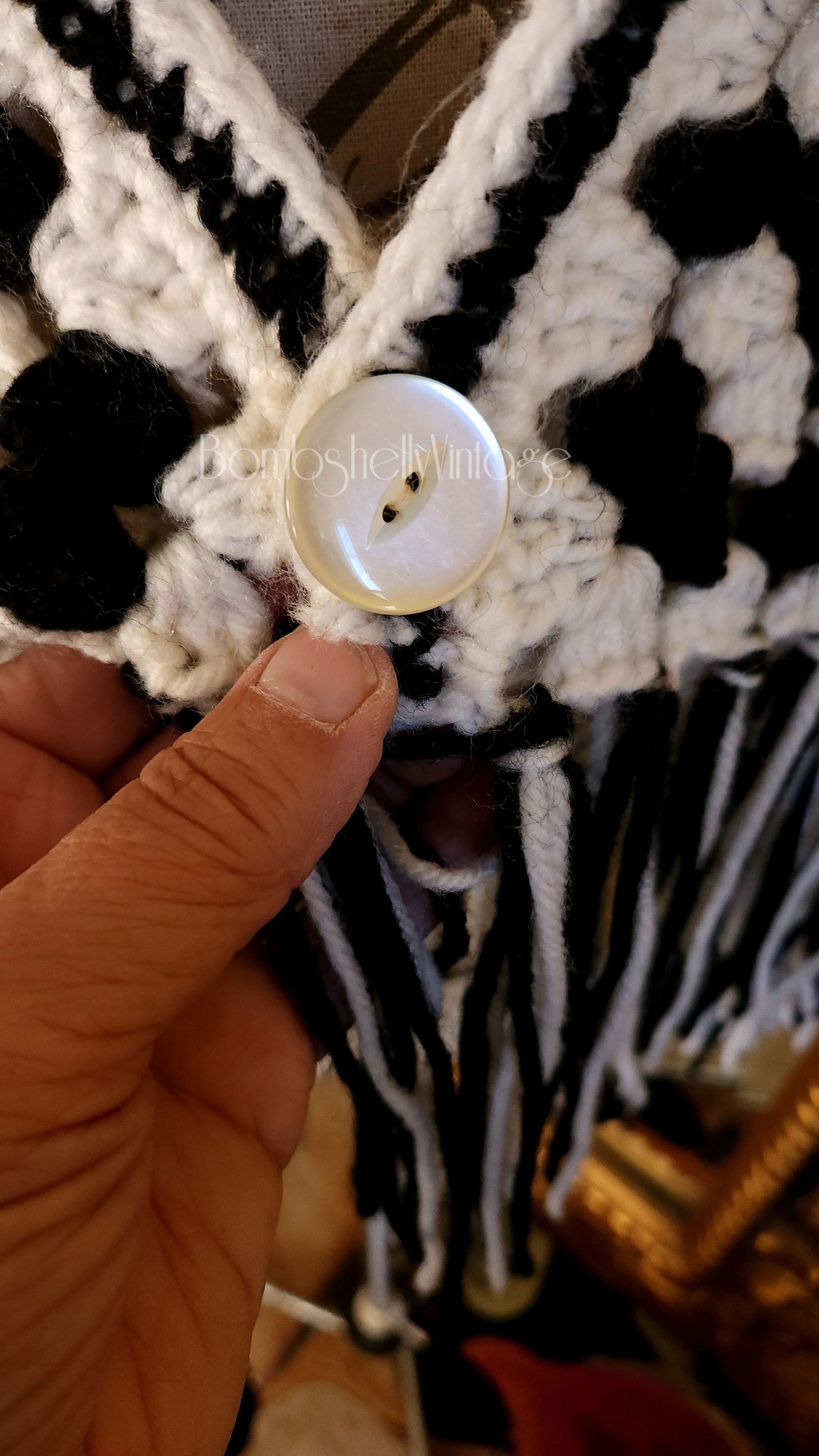 60s Hand Crochet Black And White Granny Fringed Poncho - Image 6