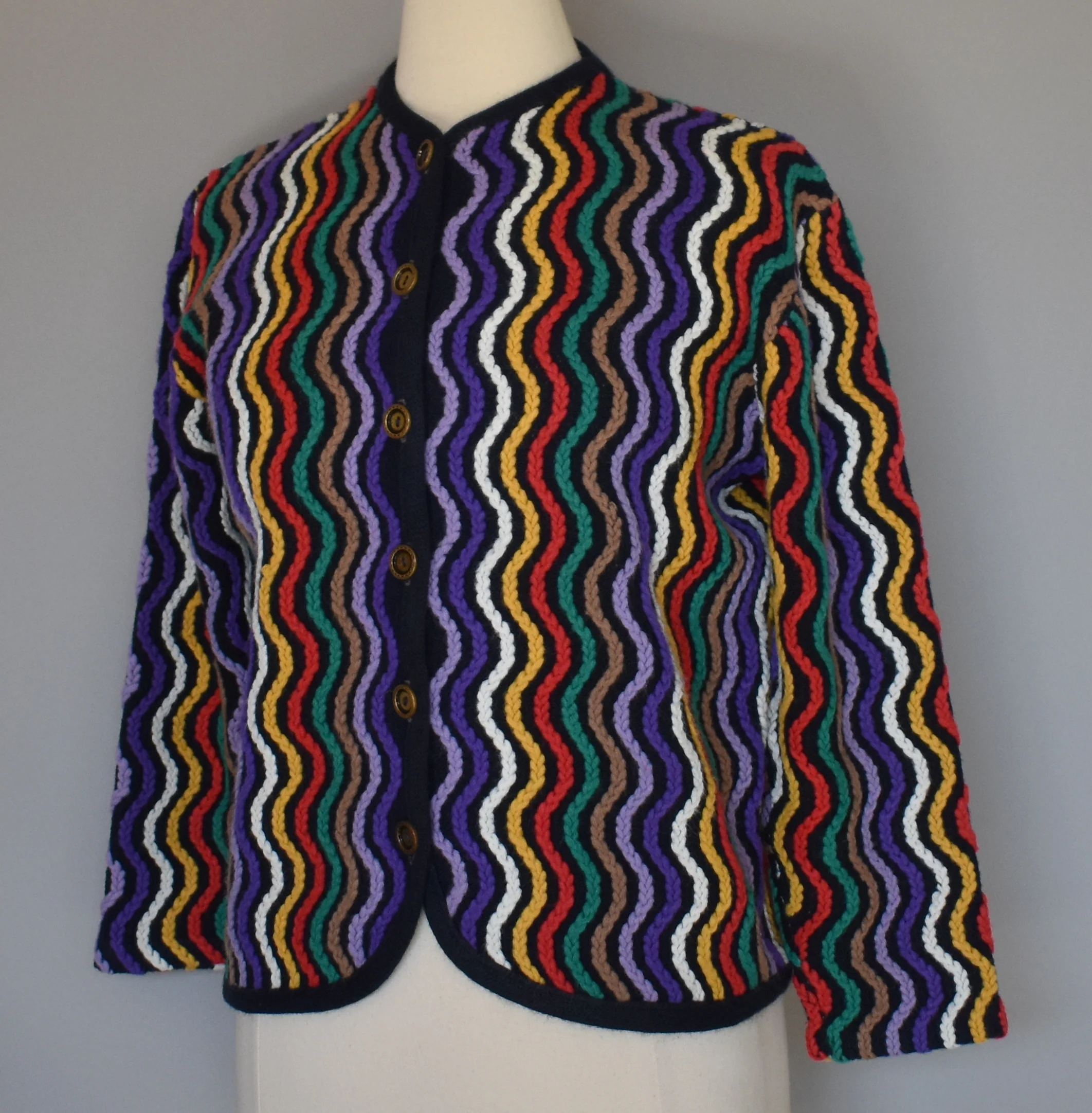 60s Hand Knit Intarsia Stripe Cardigan Sweater L Large - Image 4