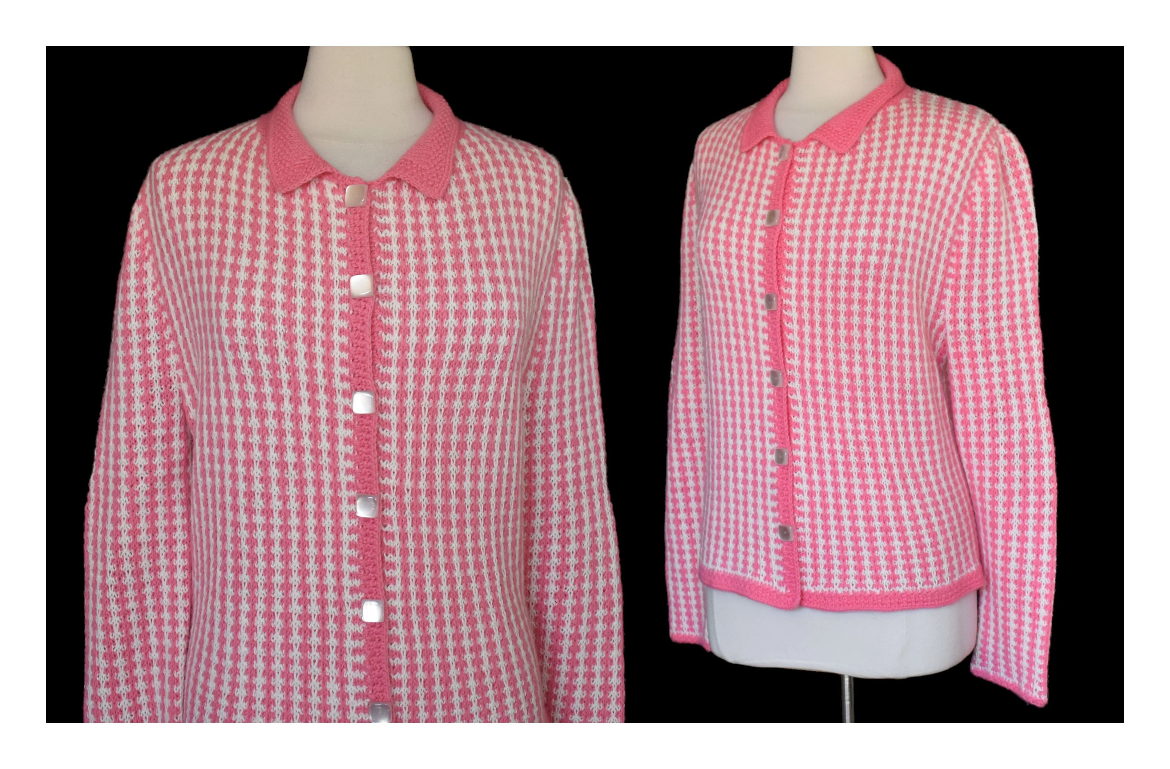 60s Hand Knit Pink White Houndstooth Cardigan Sweater By Hand Knit - Image 6