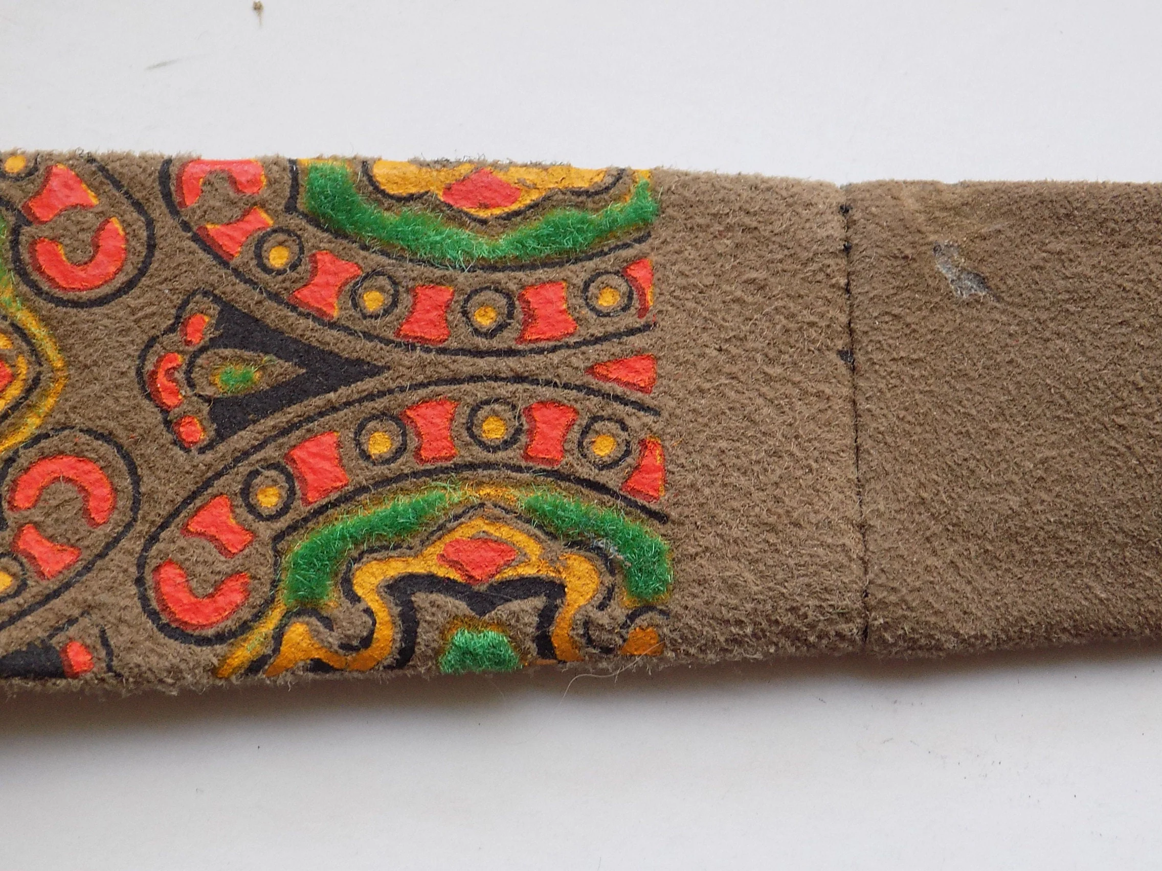 60s Hand Painted Suede Leather Necktie Felt Lined Brown Orange Black Yellow Velvet Flocked Green - Image 2