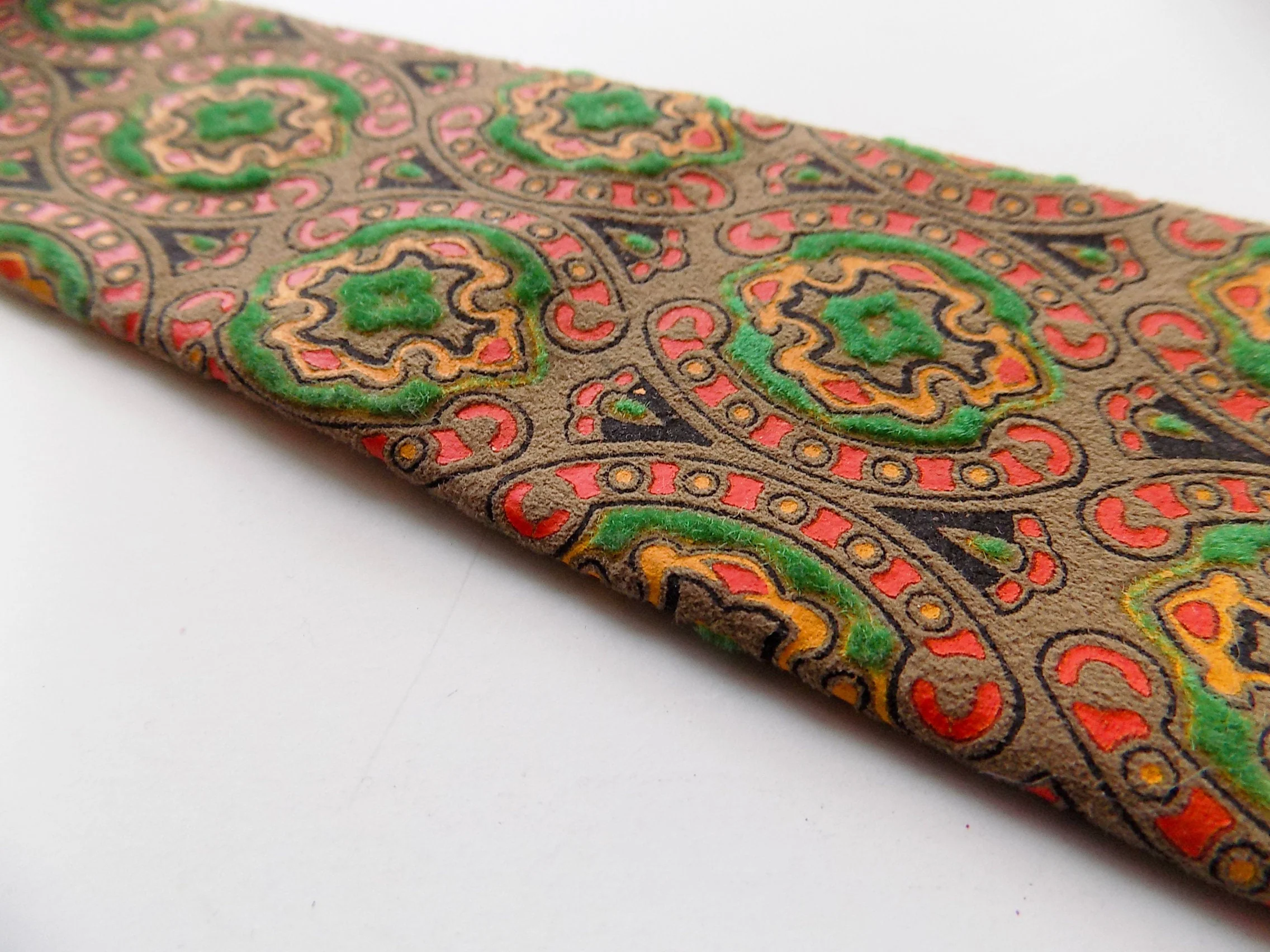 60s Hand Painted Suede Leather Necktie Felt Lined Brown Orange Black Yellow Velvet Flocked Green - Image 3